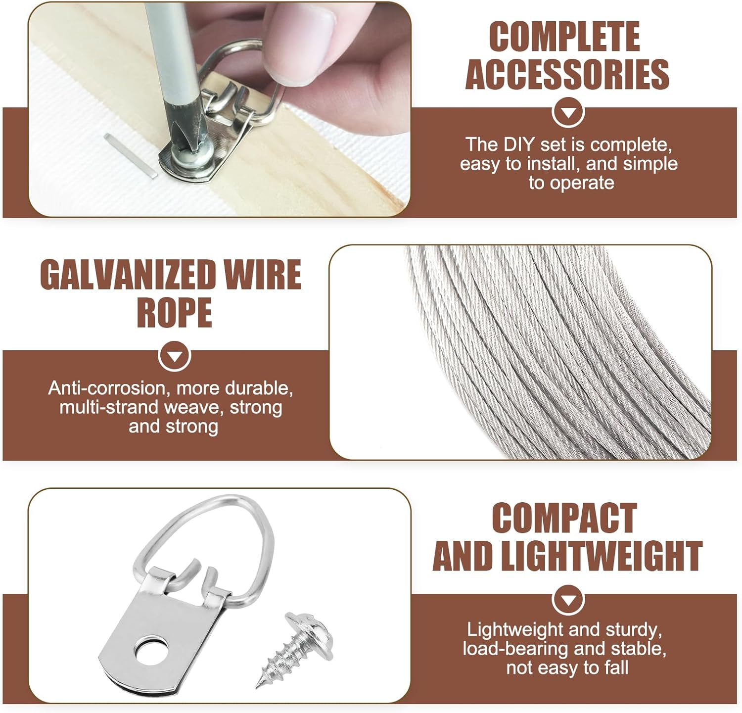 Stainless Steel Picture Hanging Kit, 10M Heavy Duty Wire Rope 10 D-Ring Hangers 10 Screws 10 Aluminum Crimping Sleeves, Wall Hanging Kit for Photo Clock Frame Mirror Artwork Light Lamp Billboards image number 2