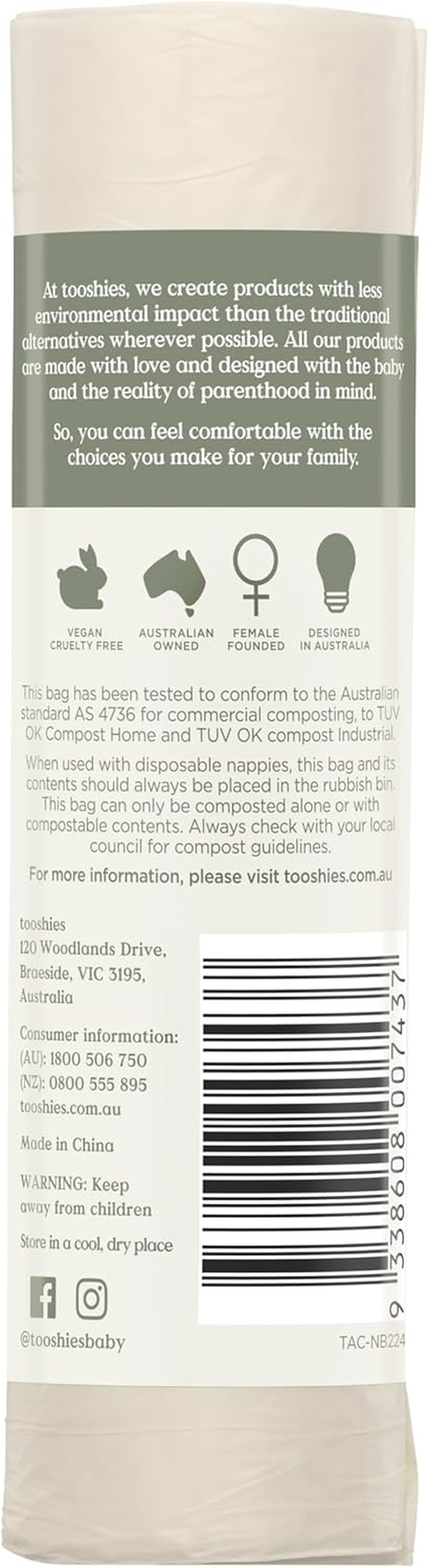 Tooshies Baby | Biodegradable Nappy Bags | Disposable | 100% Plant-Based | Fully Compostable | Hygienic Tie Handles | Minimal Packaging | 40Pk Roll image number 3