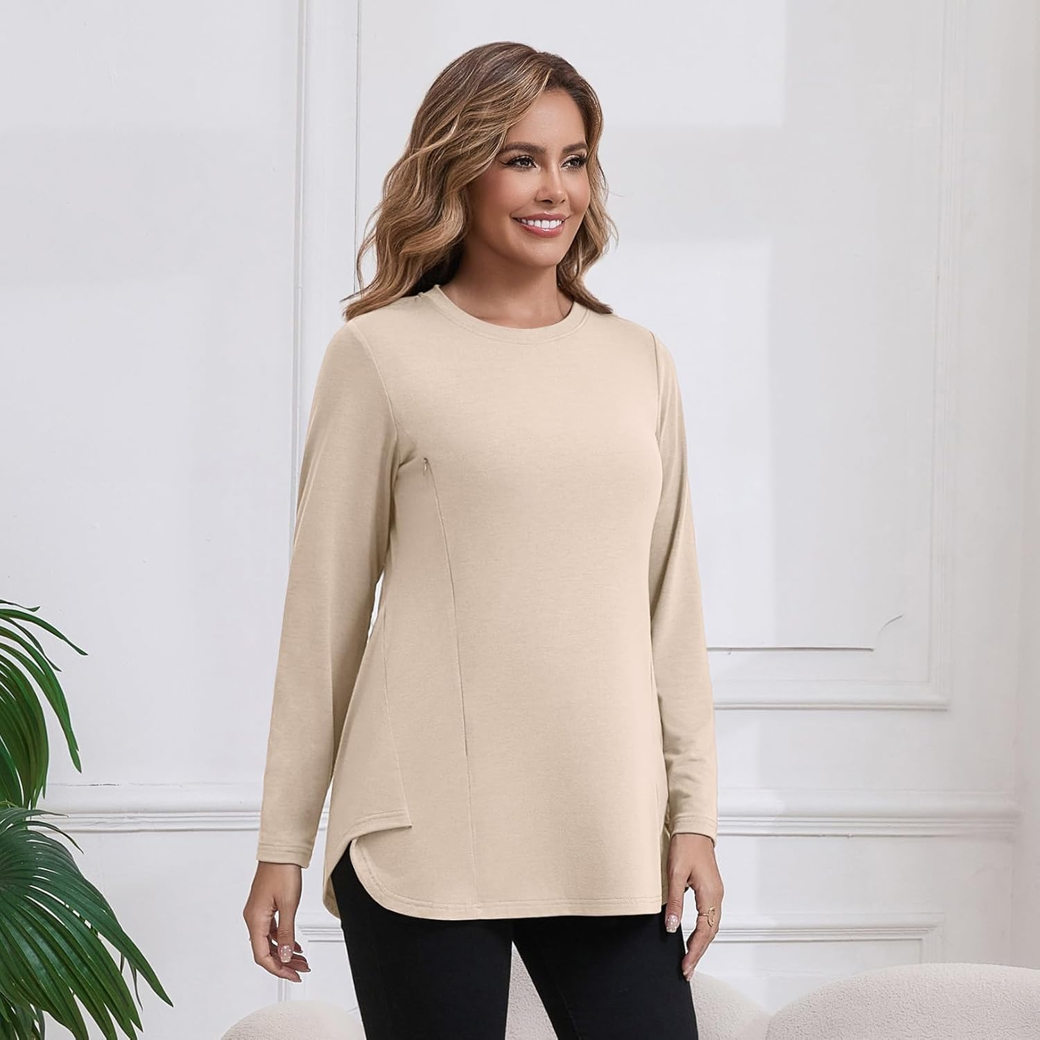 GINKANA Women'S Nursing Shirts Long Sleeve 3 Packs Hidden Zipper Breastfeeding Pumping Tops Side Split Maternity Clothes image number 4