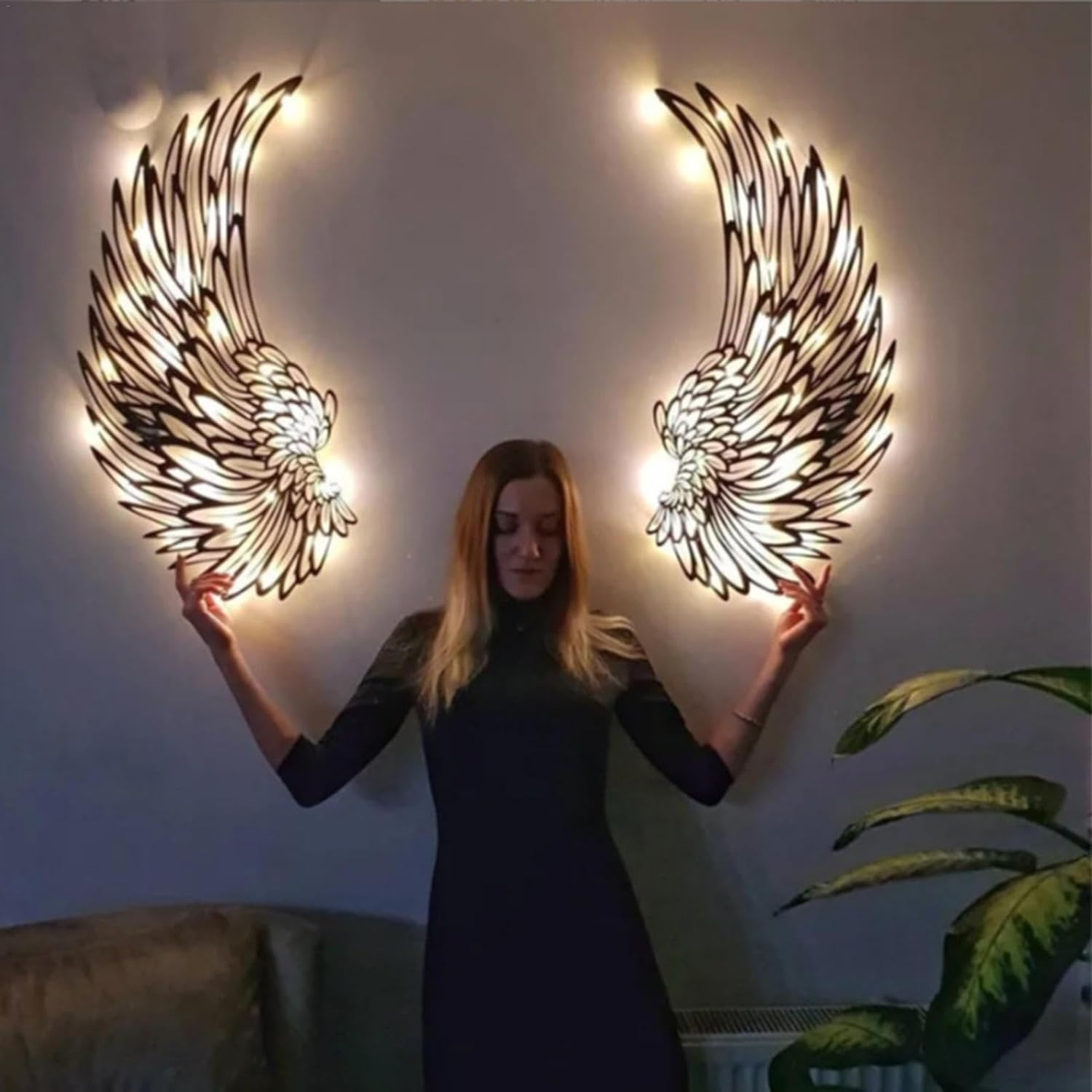 Angel Wings Wall Art, Metal Angel Wings Wall Decoration, Large Angel Wings Wall Art Decor with Led Lights, Angel Wings Present to Her Wall Sculpture Art Indoor Outdoor Wall Hanging Decorations image number 1