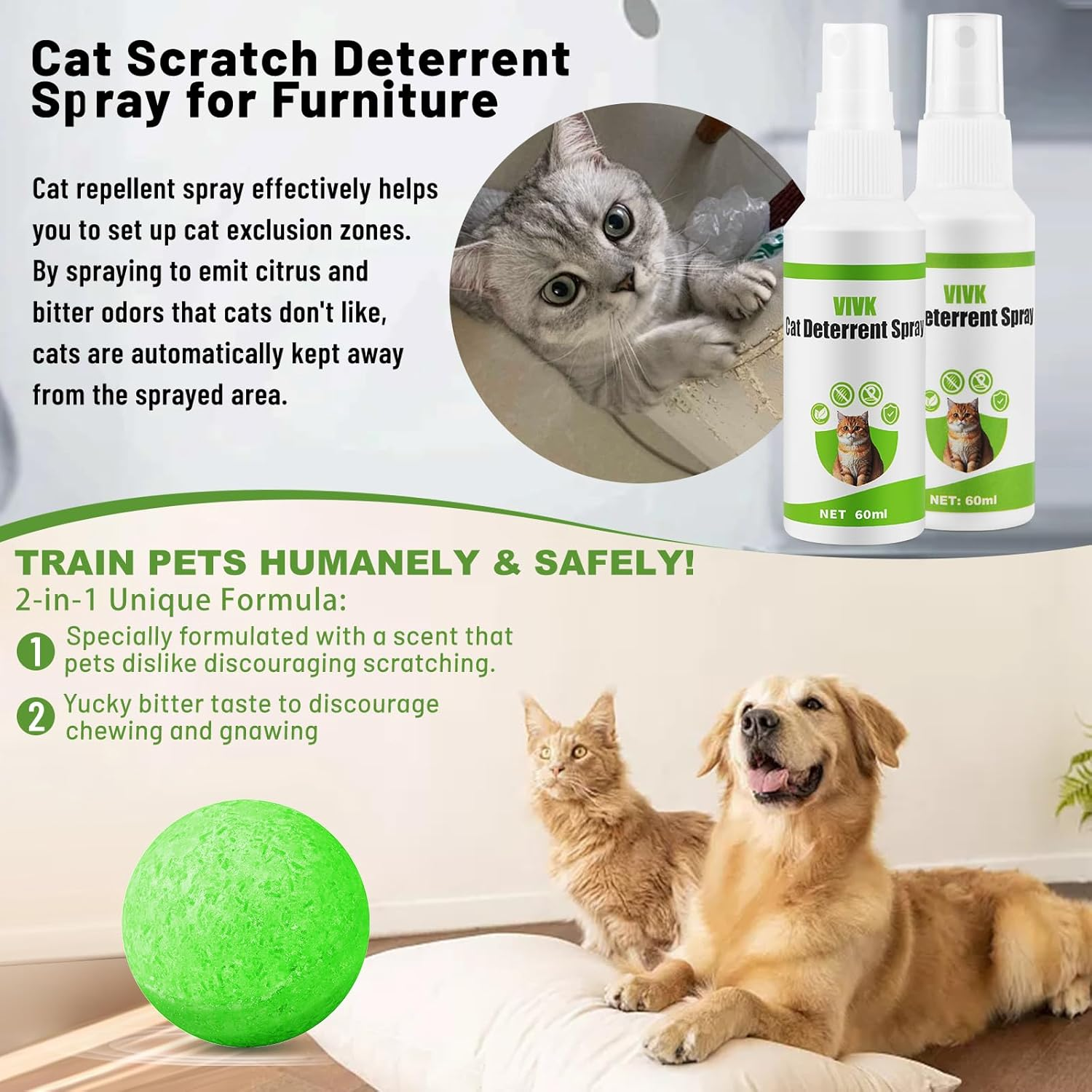VIVK Cat Deterrent Spray with 6 Balls, Indoor Outdoor Natural Safe Cat Deterrent for Furniture Garden Carpet Yard Lawn, Training Aid Spray, Effective against Scratching & Chewing image number 6