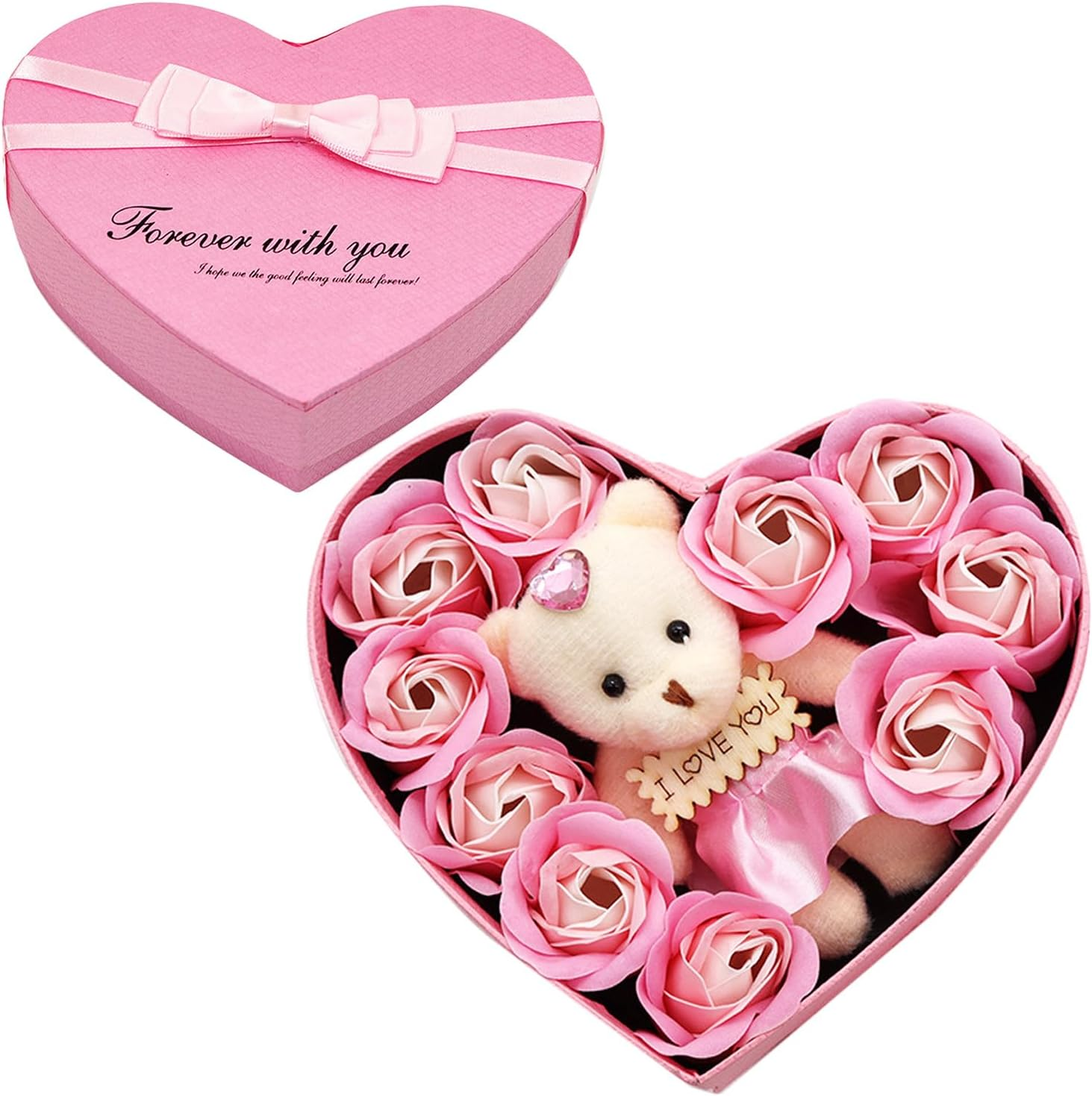 Lopsity Rose Bear with Heart Box Romantic Roses Flower Gift Box with Cute Teddy Bear for Mothers Day Anniversary Birthday Valentines Day Gift (Pink)