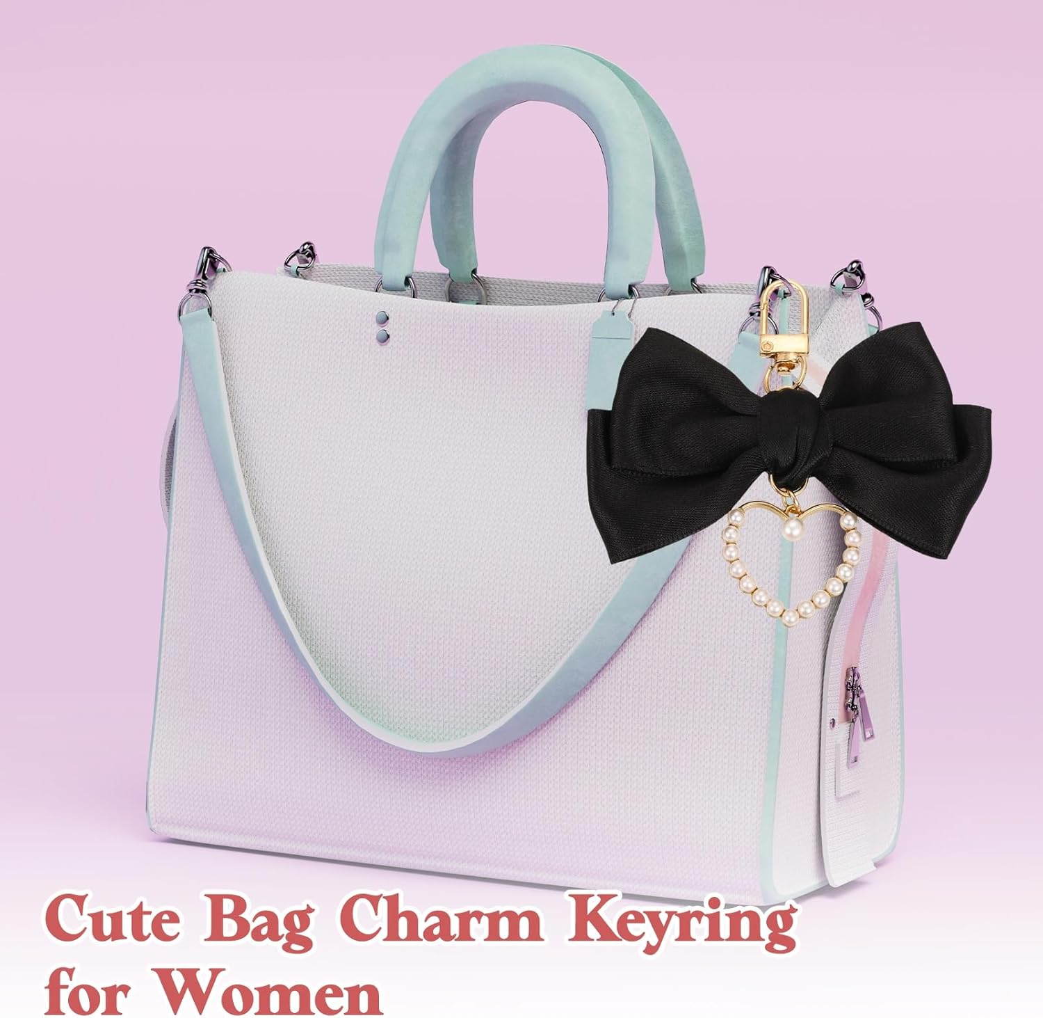 Uxcell 2Pcs Bow Knot Keychain, Cute Bag Charm Keyring, Bow Accessories for Women Purse, Backpack, Car Key, Phone Decoration (Black and Red with Pearl Heart) image number 2