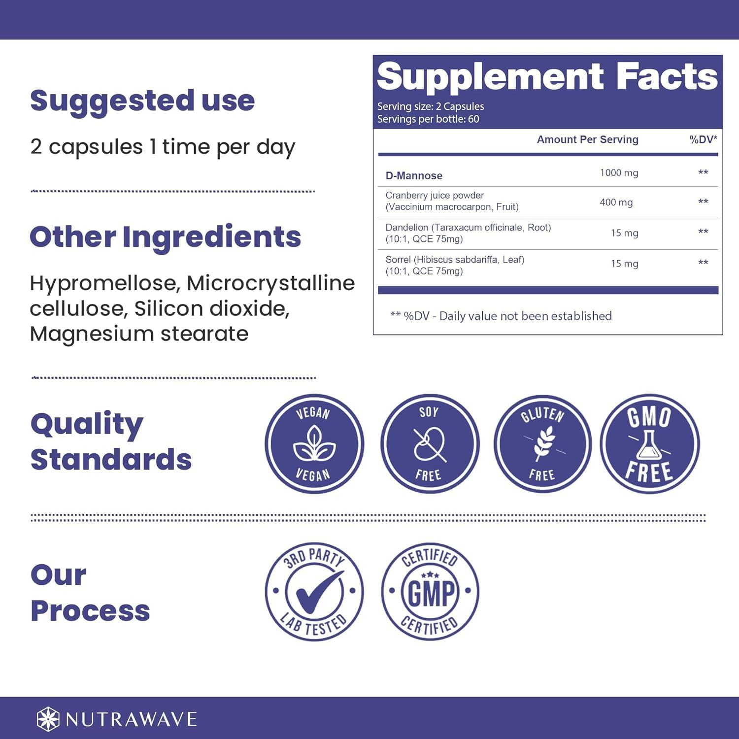 Nutrawave D-Mannose with Cranberry, Dandelion Extract & Hibiscus Powder &ndash; 120 Capsules (60 Servings) image number 3