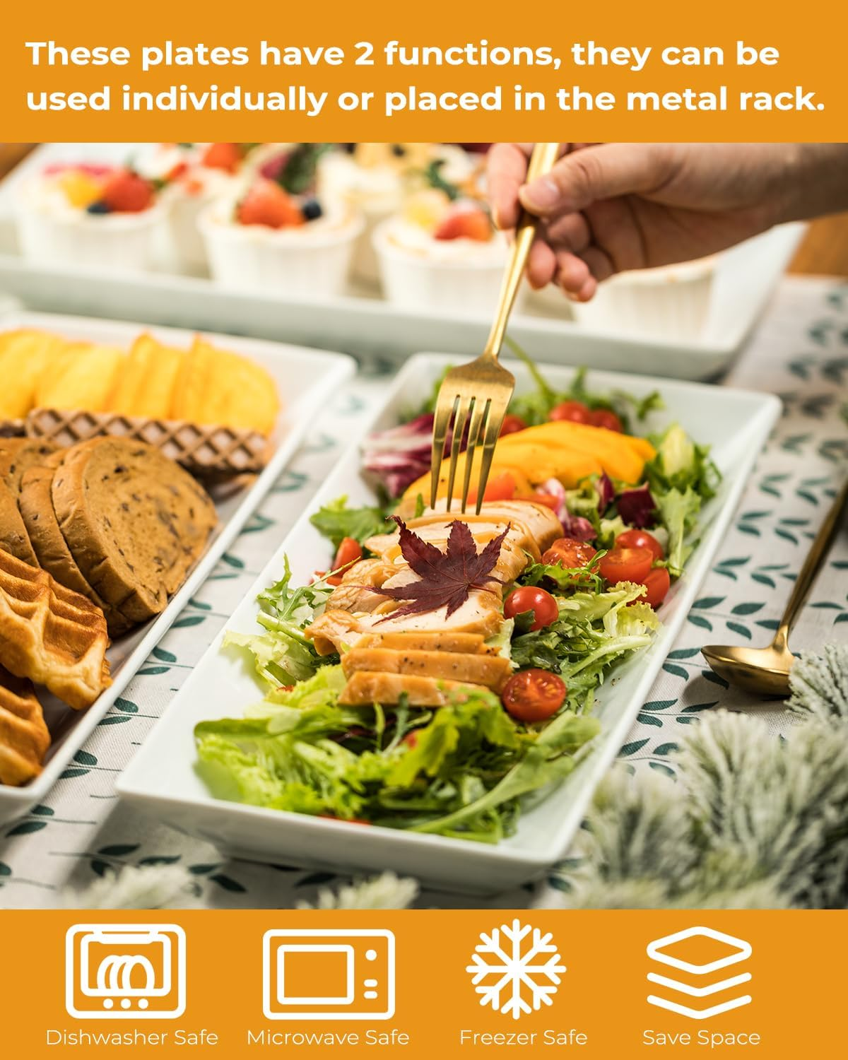 Large 3 Tier Serving Stand Tiered Serving Trays Collapsible Sturdier Rack with 3 Porcelain Serving Platters for Fruit Dessert Presentation Party Display Set, 14 Inch image number 4