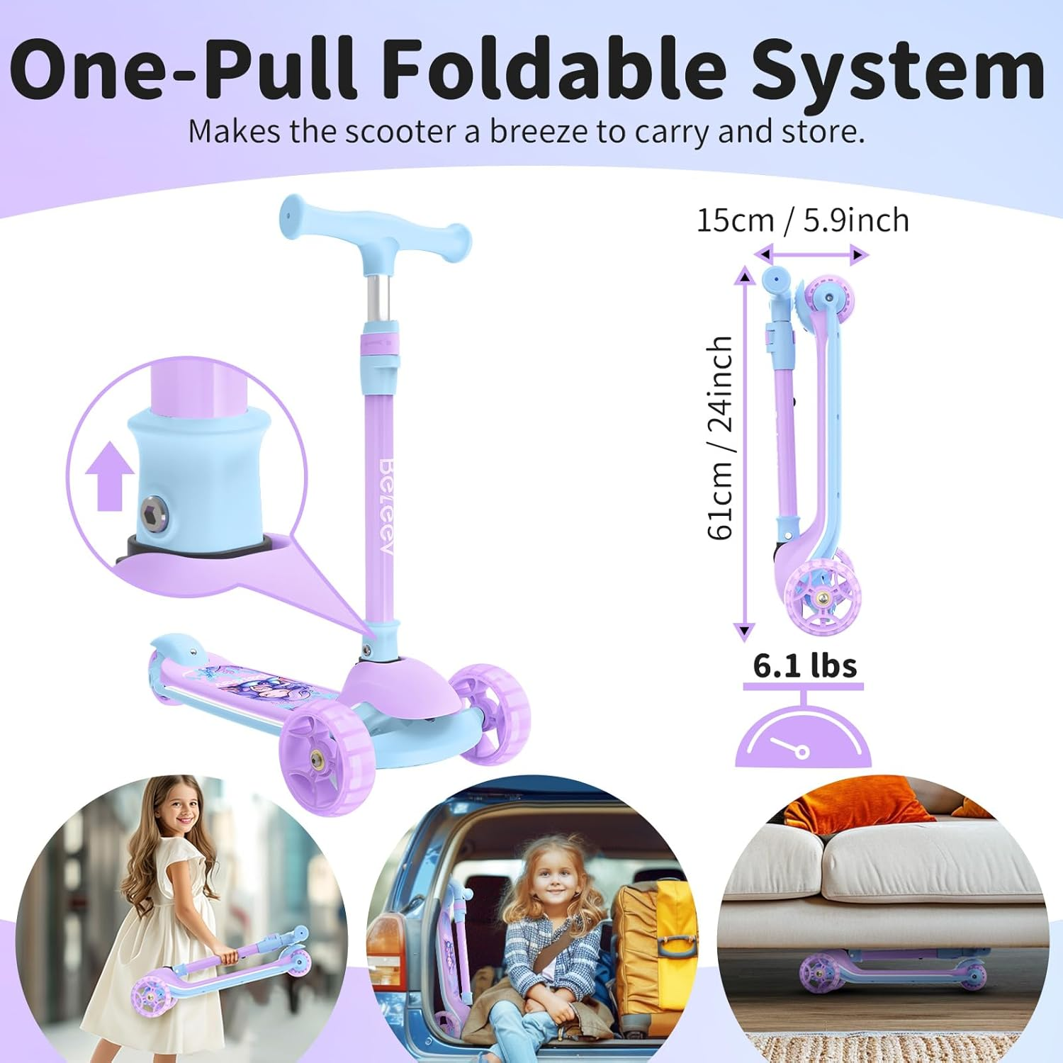 BELEEV A9 Scooters for Kids with Light-Up Wheels & Deck, 3 Wheel Folding Scooter for Girls Boys Ages 3-12, 4 Adjustable Height, Non-Slip Pattern Deck, Kick Scooter Gifts for Children - Black image number 4