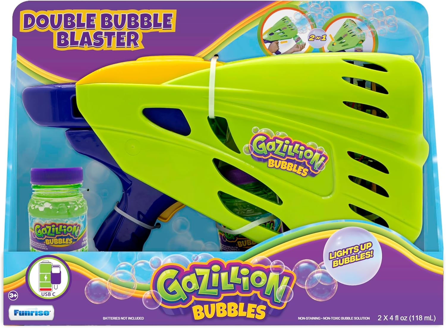 Gazillion Bubbles Double Bubble Blaster - 2-In-1 Bubble Wand & Machine - Endless Bubbles - LED Light Show - Includes 2 Bottles of Bubble Solution image number 5