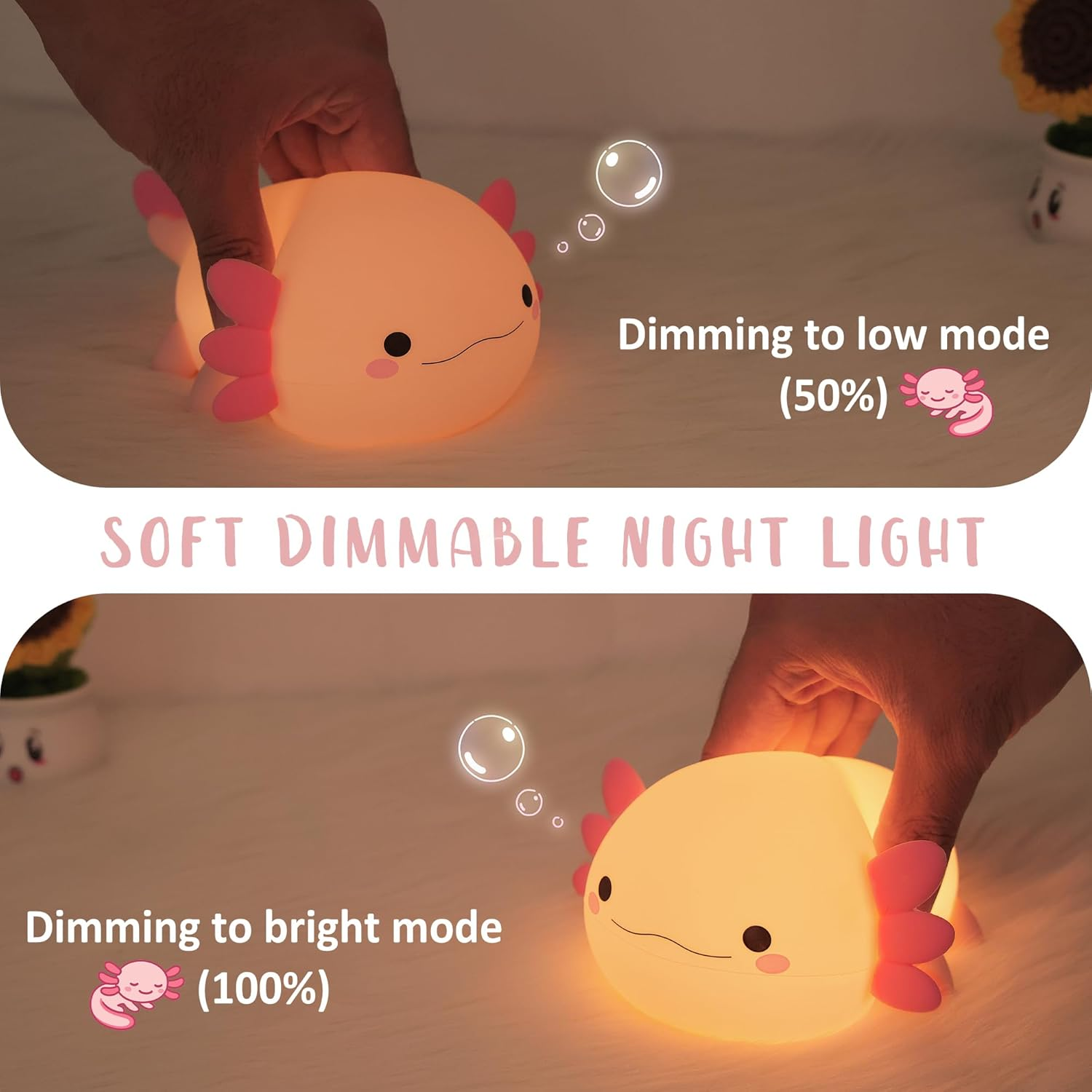 Axolotl Night Light, Cute Salamander Silicone Touch Nursery Lamp, Timer Dimmable Rechargeable LED Nightlight, Soft Toddler Feeding Room Bedside Decor, Best Kids Baby Girls Boys Women Gifts image number 3