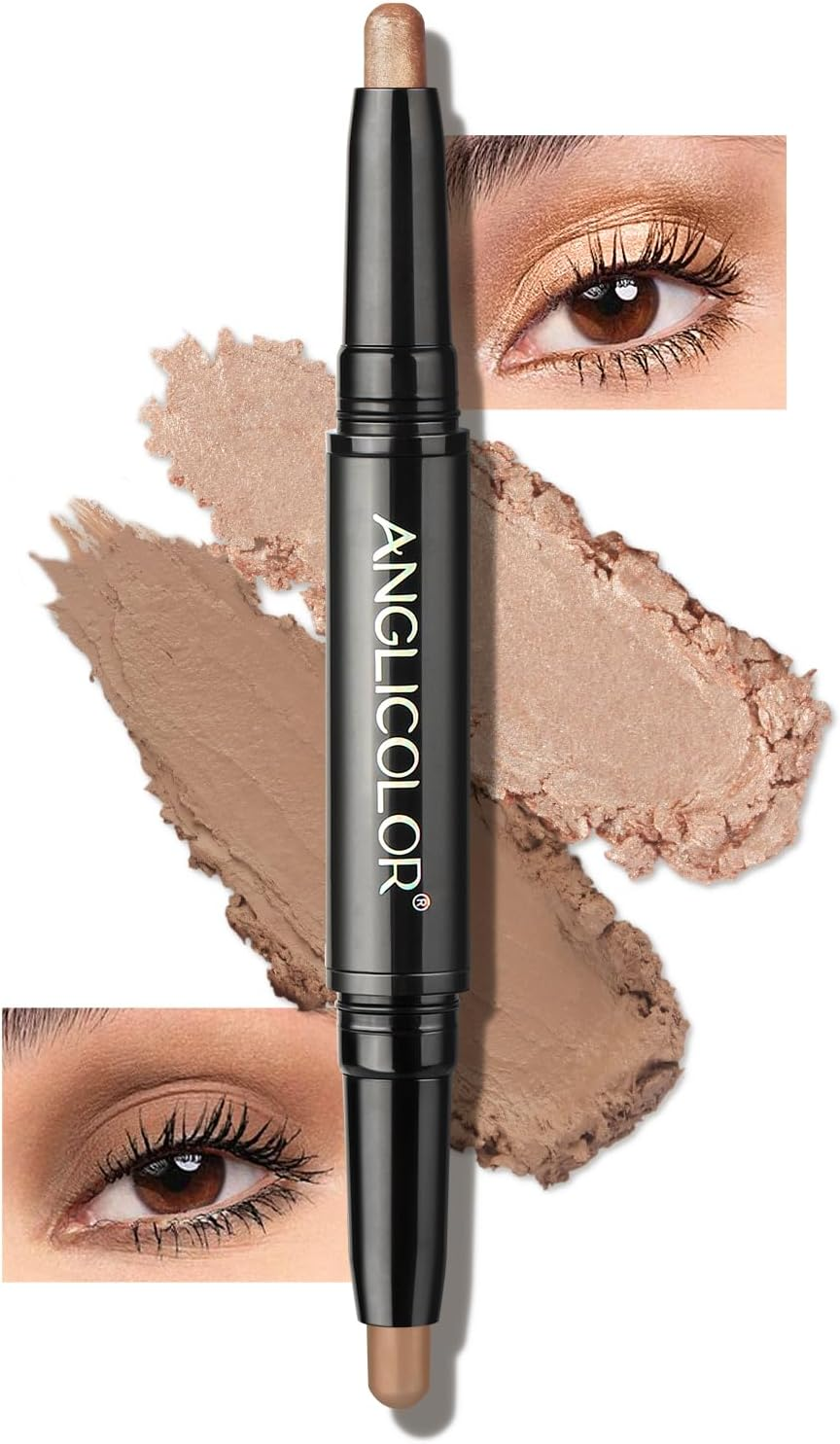 Anglicolor Dual Ended Cream Eyeshadow Stick, Cr&egrave;me to Powder, Brown Eyeshadow Stick, Glitter & Matte Shades, Soomth, Waterproof & Long Lasting, Blendable Glitter Eye Makeup,Golden Pink Shimmer&Taupe