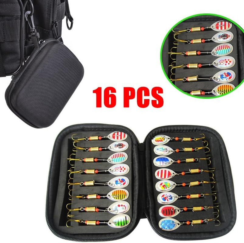 AIMALL 10/16PCS Fishing Lure Spinners Bait Spoon Set with Portable Tackle Box &ndash; Assorted Trout and Bass Fishing Tackle Kit for Freshwater and Saltwater