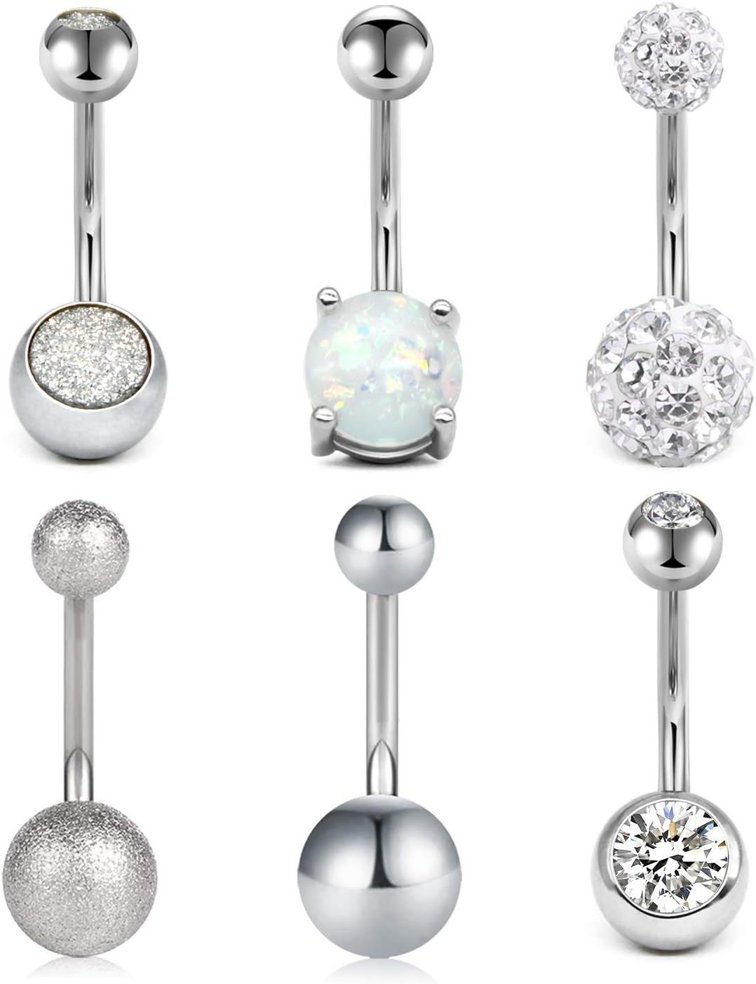 FECTAS 6Pcs Stainless Steel Belly Button Ring 14 Gauge 10Mm Barbell Silver Rosegold Navel Bars Piercing Jewellery