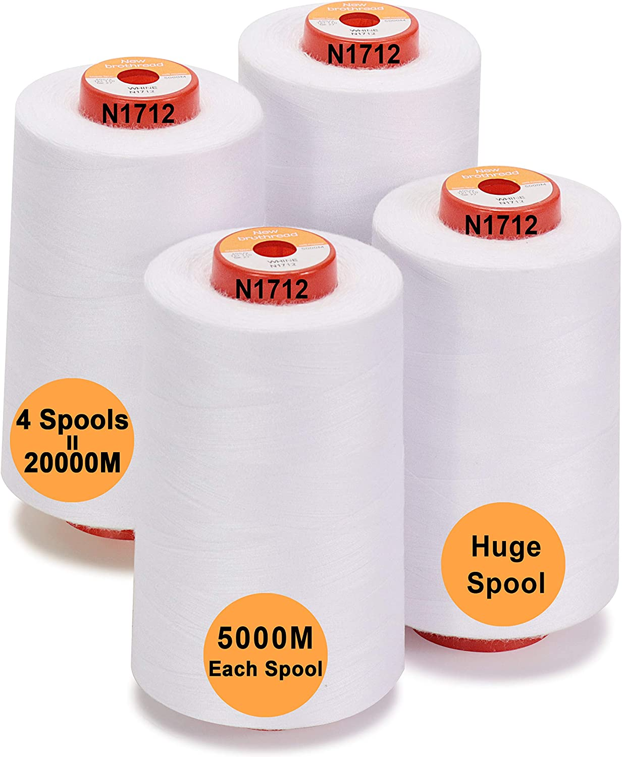 New Brothread Set of 4 Large Cones of 5500Y (5000M) Each All Purpose Spun Polyester Thread 40S/2 (Tex27) for Serger, Overlock, Quilting, Piecing and Sewing - White - 4Xblack image number 7