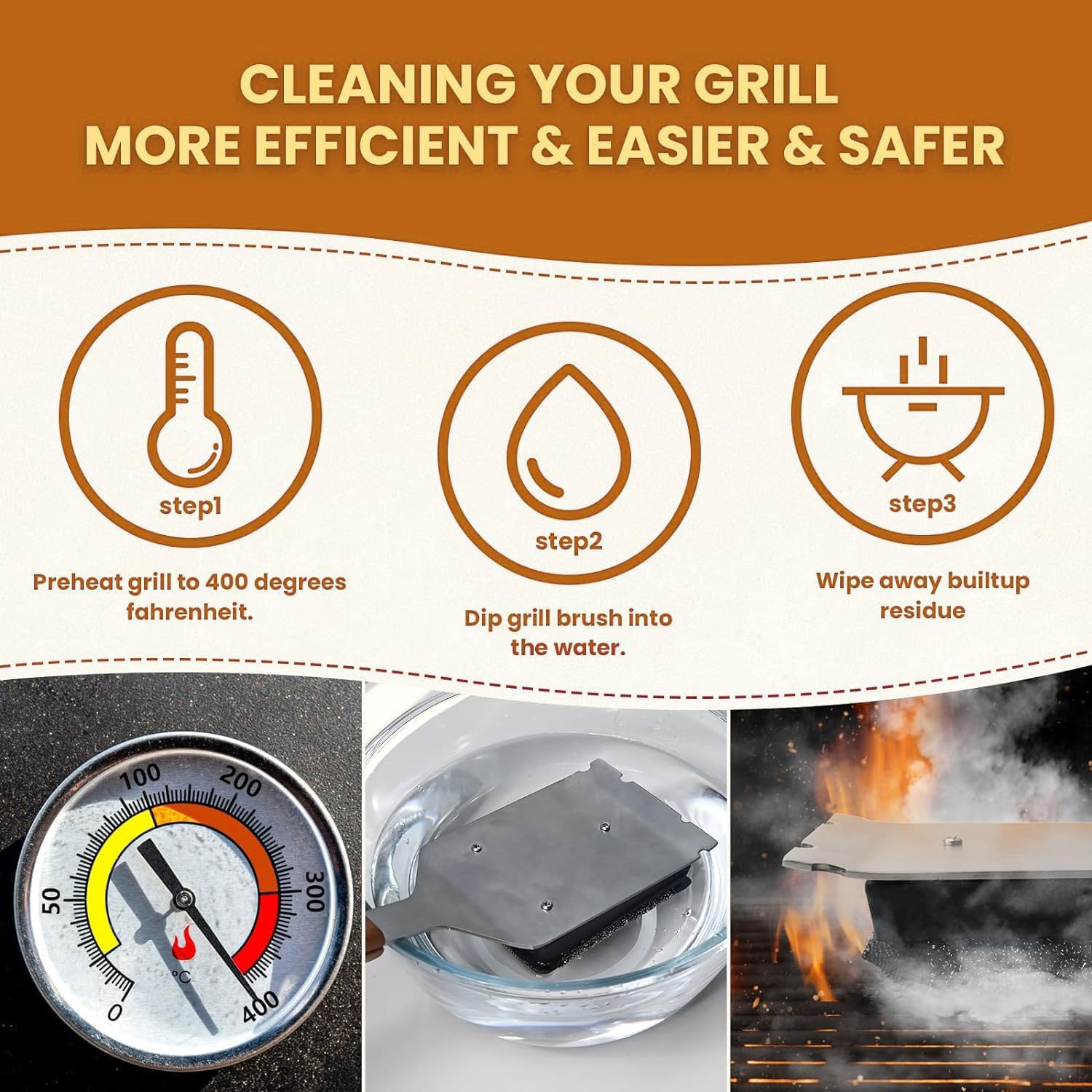 Grill Brush BBQ Cleaner Brush - Barbecue Brush for Outdoor Grill with 2 PCS Replacement Cleaning Head, Grill Cleaning Brush Bristle Free with Stainless Steel Scraper & Wooden Handle for Most Grate image number 2