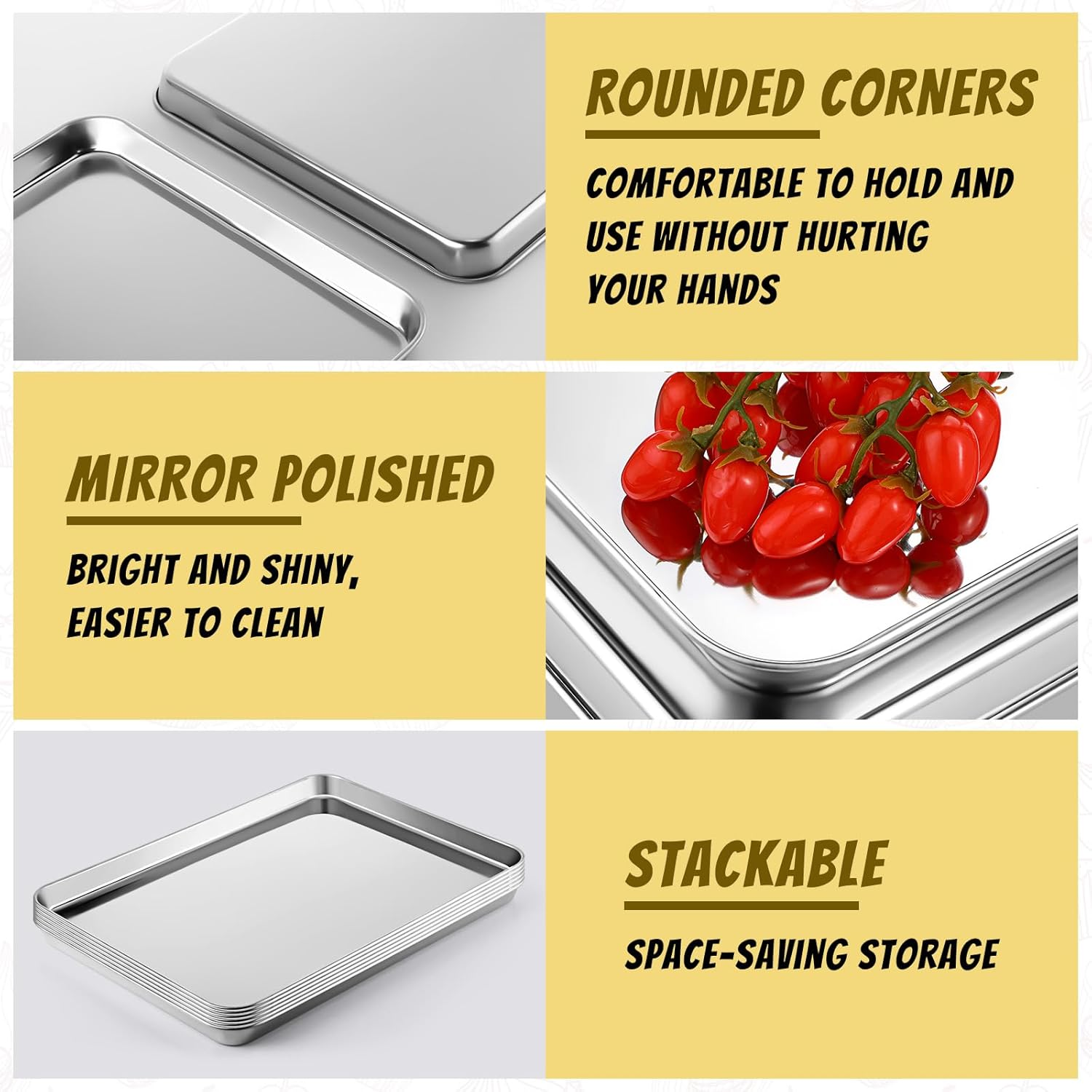 Mimorou 6 Pcs Baking Sheet Set Stainless Steel Cookie Sheet Cookie Baking Pan Bakeware Oven Tray Dishwasher Safe Commercial Grade Pans(20X14X1.2 Inch) image number 3