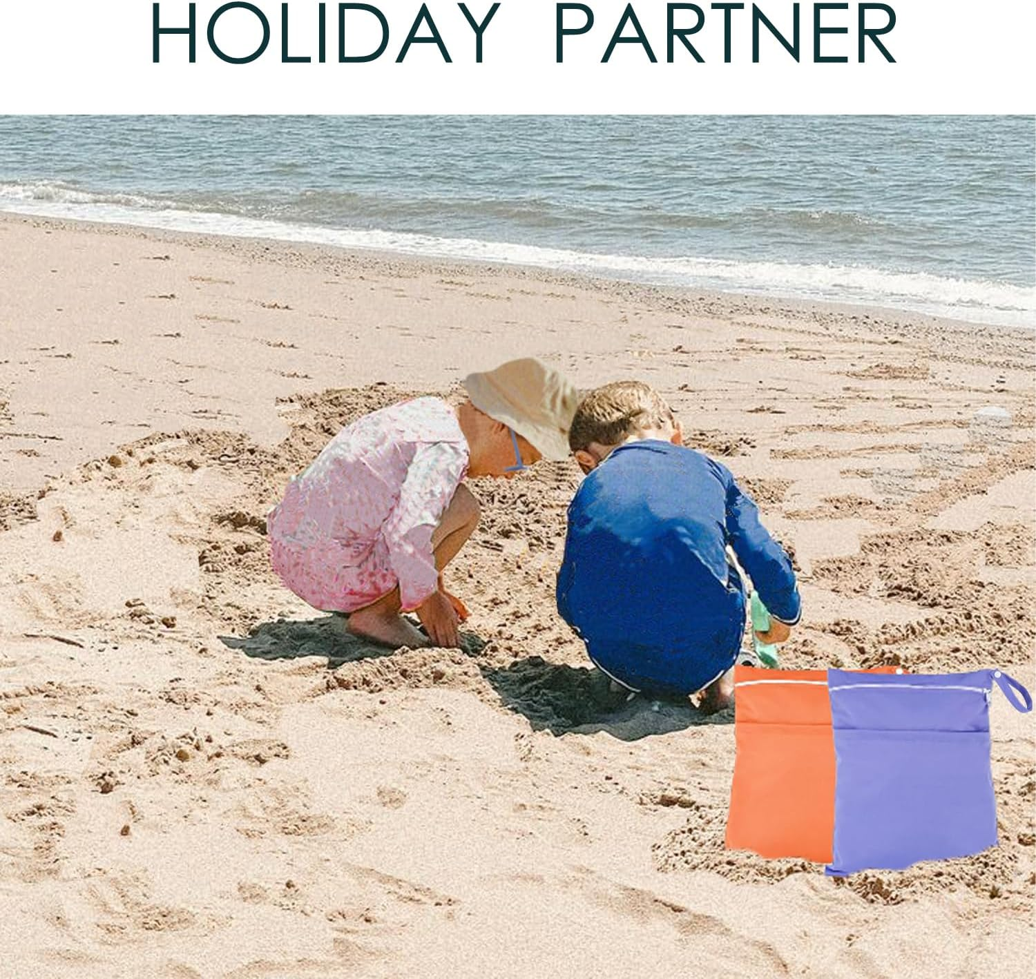 2 Pcs Wet Bag - Waterproof Wet Dry Bags - Reusable Washable Bags - Nappy Bags (Orange+Purple) image number 2