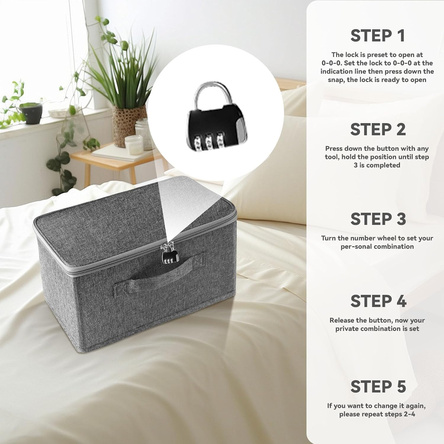 Euky Place Lockable Storage Box of Discreet Utility, Middle Gray Lock Box with Zipper and Handle, for Private Toys, Files Documents, Cards, Cash Accessories Foldable Fabric Clothing(38*25.5*16Cm) image number 4