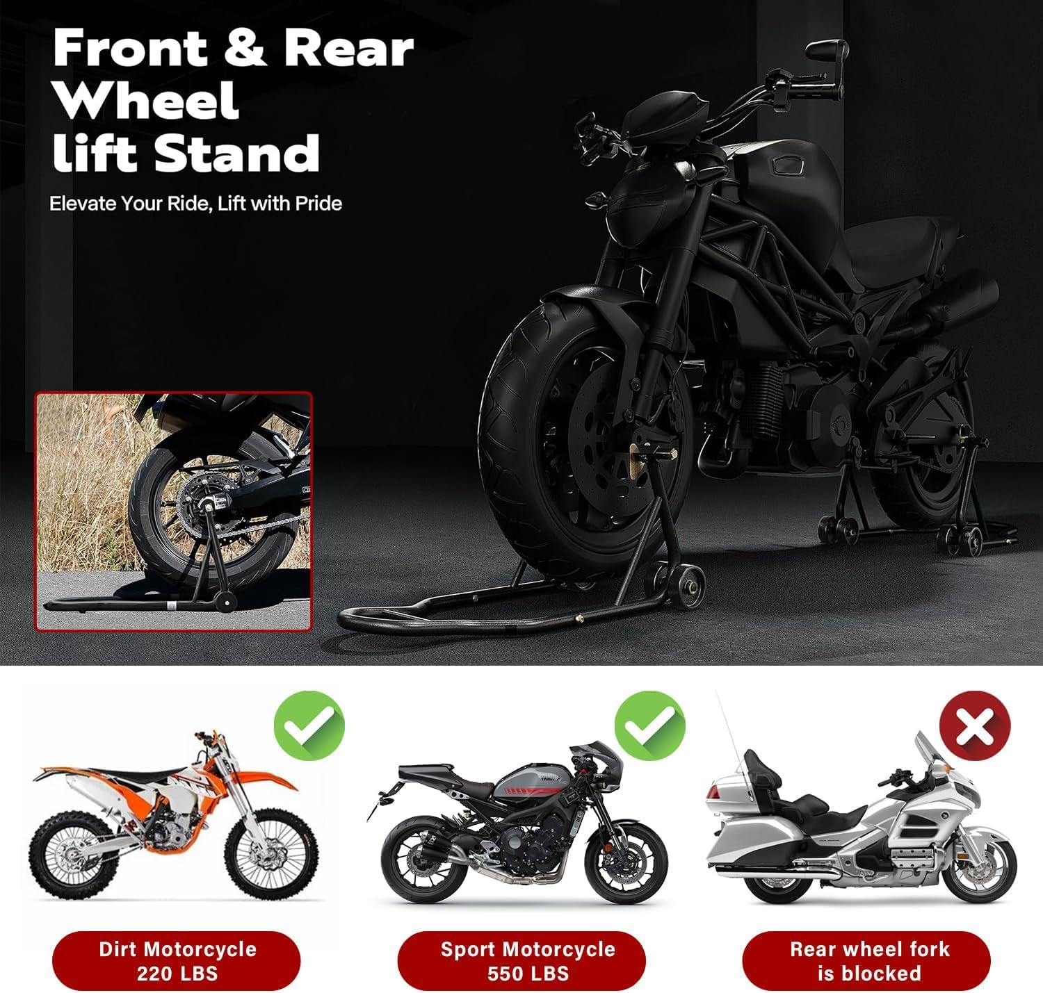 LIODUX 850LBS Motorcycles Stand Lift Stand, Front Rear Combo Lift Stand, Front Wheel Fork Stand, Rear U+L Fork Swingarm Spool Stand, Compatible with Most Motorcycles image number 3