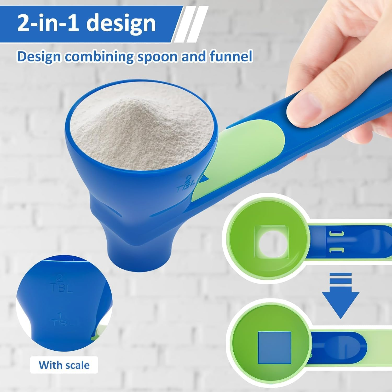 2 Pcs Sliding Measuring Scoop with Funnel, Powder Funnel Scoop with Longer Handle,Coffee,Protein Powder Scoop,No Spill Water Bottle for Supplements (Blue/Green) - Green image number 4