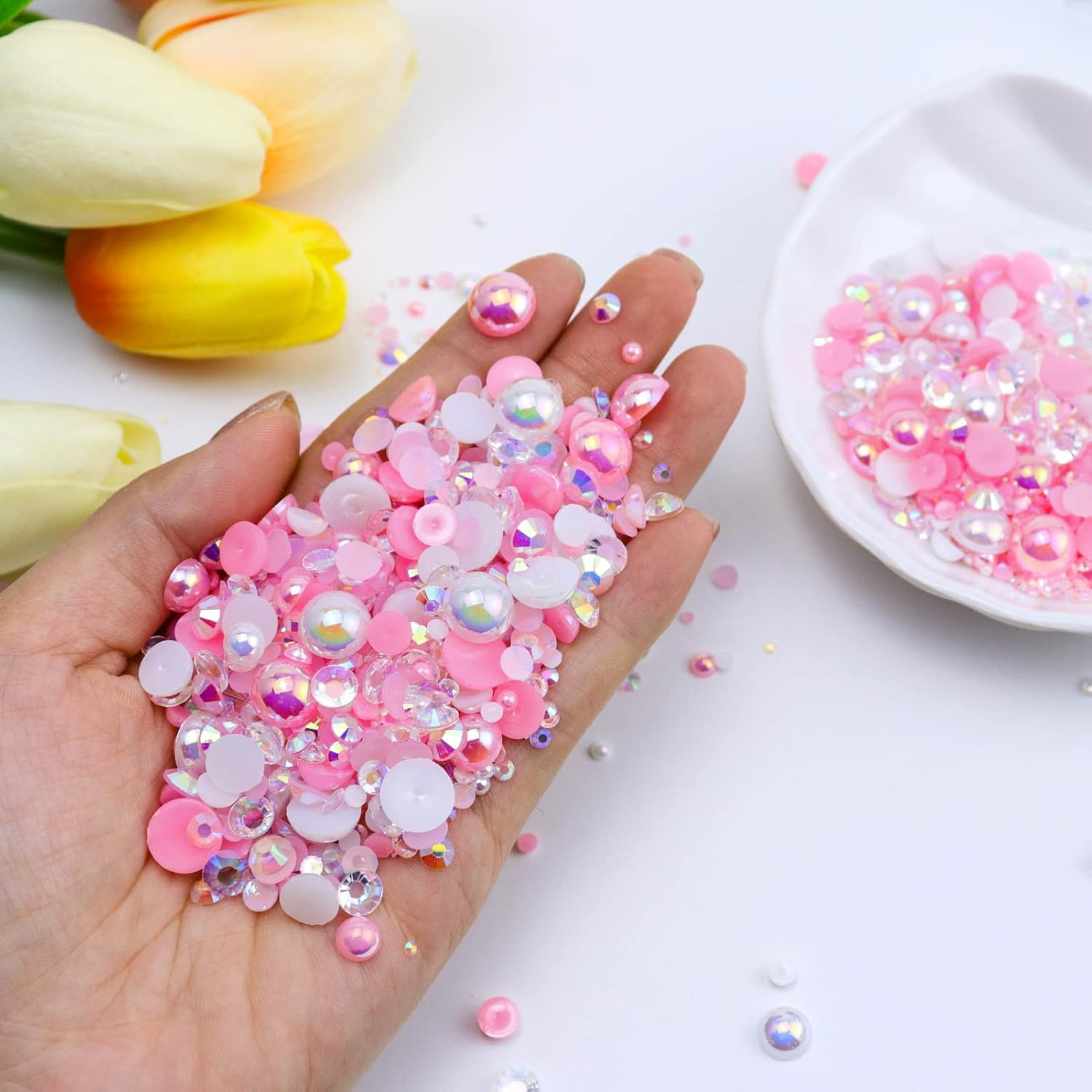 Briskbloom 3620PCS Flatback Pearls and Rhinestones, 60 Grams Mixed 2MM -10MM Flatback Jelly Rhinestones and Half Pearls for Crafts Nails Tumblers Shoes, Pink Marshmallow Blend | Mix White | Pinks image number 1