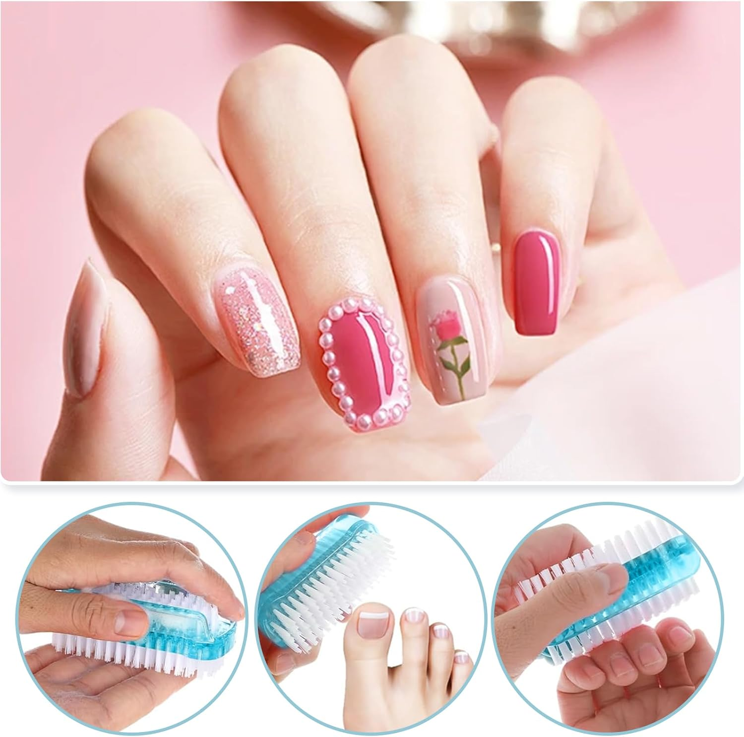 Pack of 4 Hand Brush, Nail Brush, Double-Sided Cleaning Brush, Hand Wash Brush, Small for Hands, Fingernails, Foot Brush, Vegetable Surfaces, Nail Brush, Universal Hard Bristle Brush Cleaning image number 2