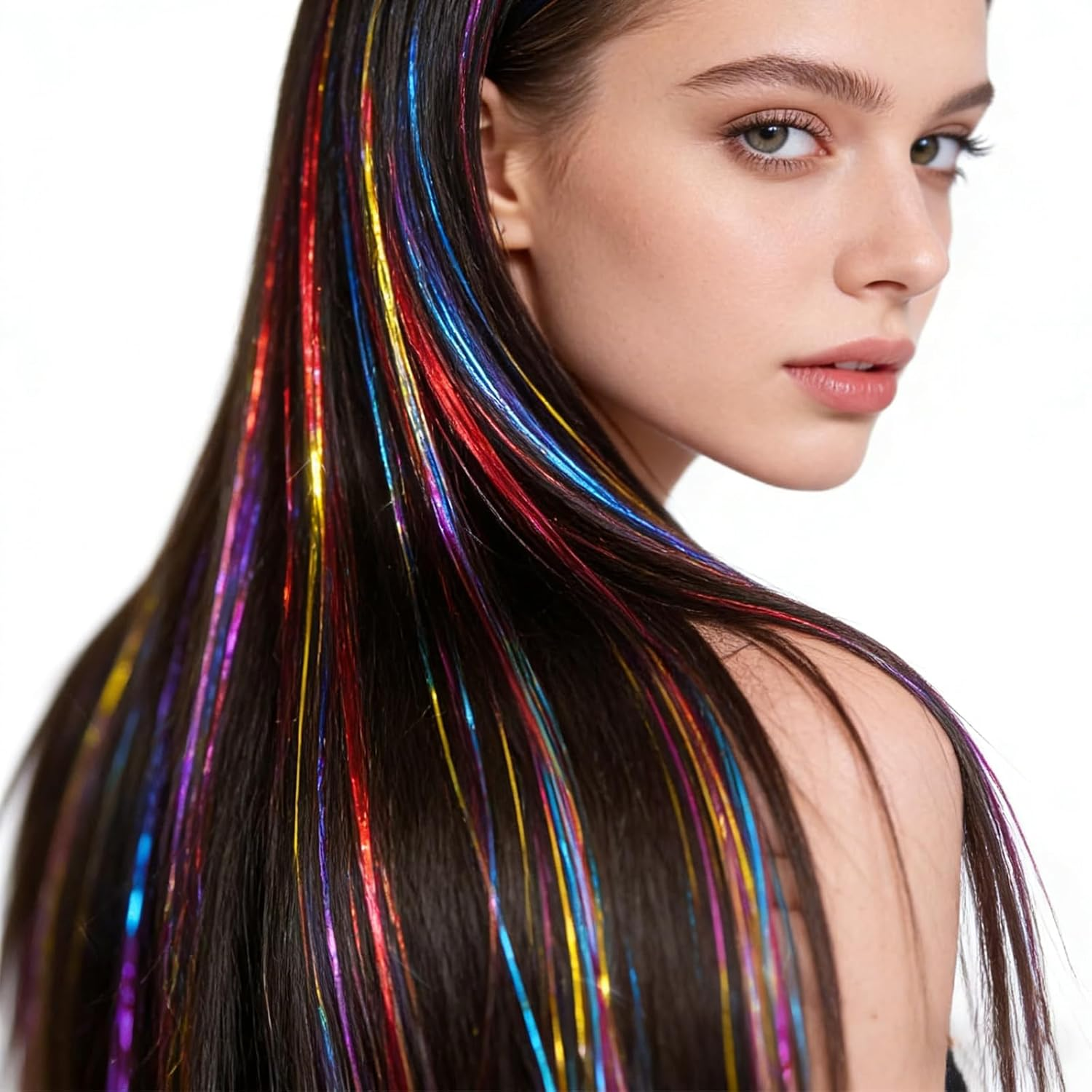 Hair Tinsel Clip in Gold Fairy Hair Tinsel Kit, 12 Pcs 20 Inch Glitter Clip in Hair Extensions for Girls Women Kids Christmas New Year Festival Party (Colorful) image number 4