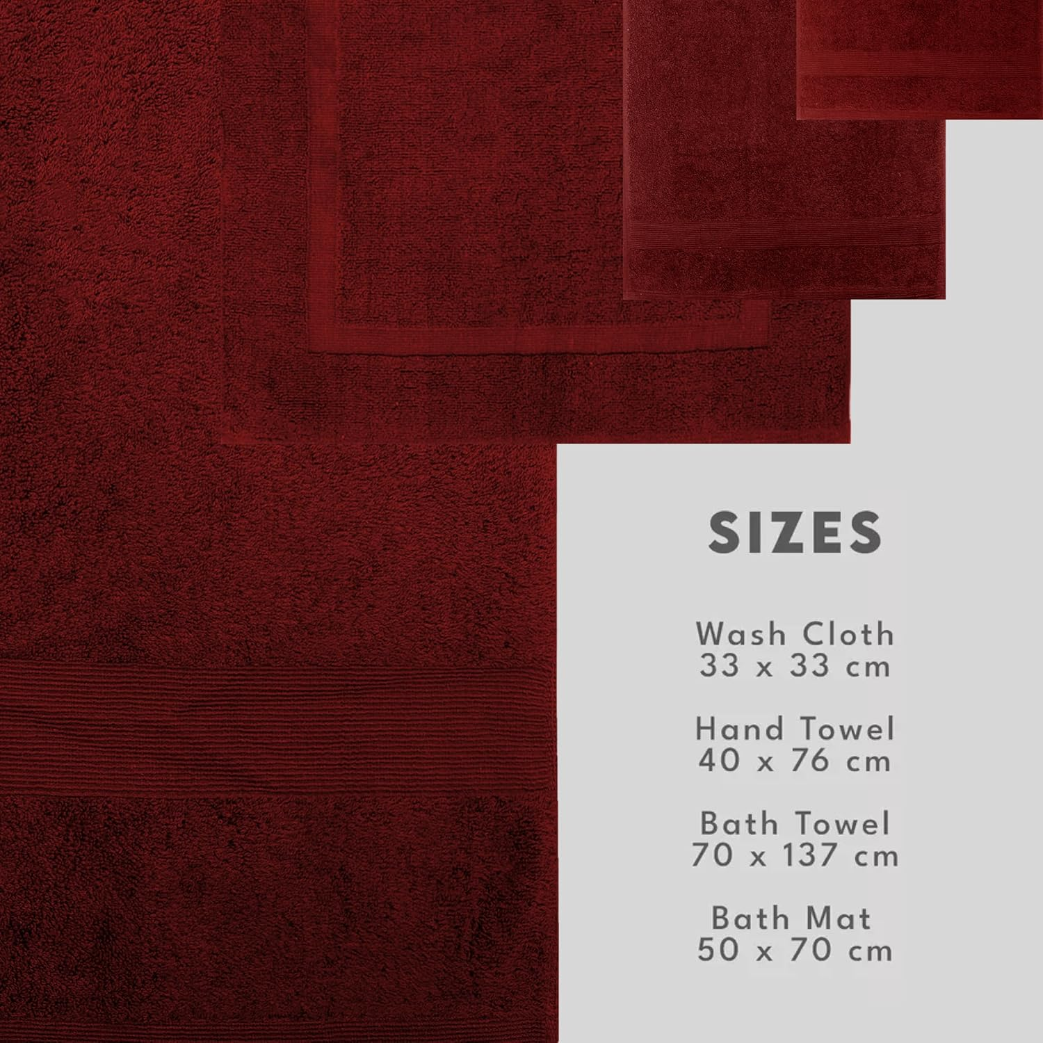 GABA Burgundy Luxury Bath Towels, Egyptian Cotton, Hotel & Spa Quality, Set of 7, Bath Towel Set with Bath Mat, 2 Bath Towels, 2 Hand Towels, 2 Washcloths, Ultra Soft (Burgundy) image number 4