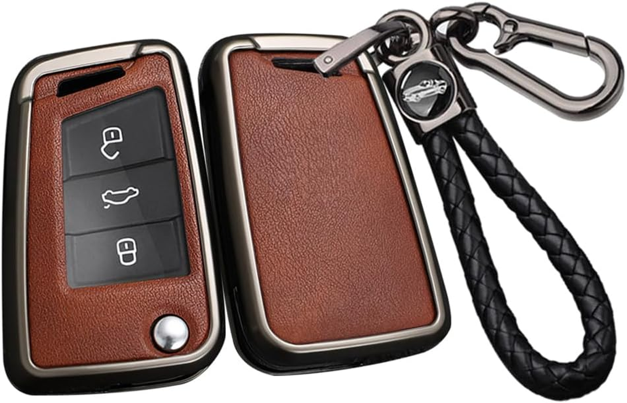 Ontto Alloy Car Key Fob Cover Fit for VW Golf 7 Ateca Arona MK6 MK7 Polo Jetta Fabia Tiguan Touran Toledo for Skoda Seat Leon Ibiza Octavia Flip Leather Key Case Keyring Key Shell Holder Bag Keychain