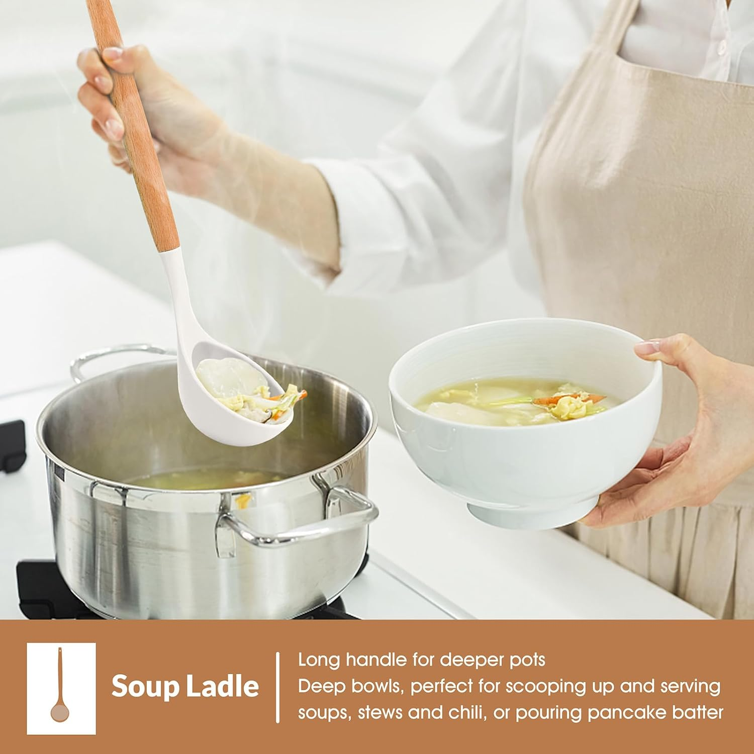 E-Far White Cooking Utensils Set of 6, Silicone Kitchen Utensils with Wooden Handle, Non-Stick Cookware Friendly & Heat Resistant, Includes Spatula/Ladle/Slotted Turner/Serving Spoon/Spaghetti Server image number 3