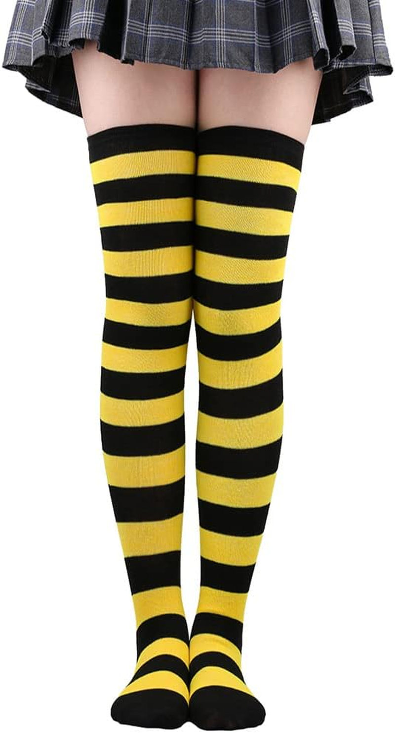 Women Striped Thigh High Stockings, MH MOIHSING Extra Long Cotton over Knee Tube Long Stocks High Stockings for Woman Girls Cosplay/Goth/Christmas Party LW-3, One Size - Black+Pink image number 4