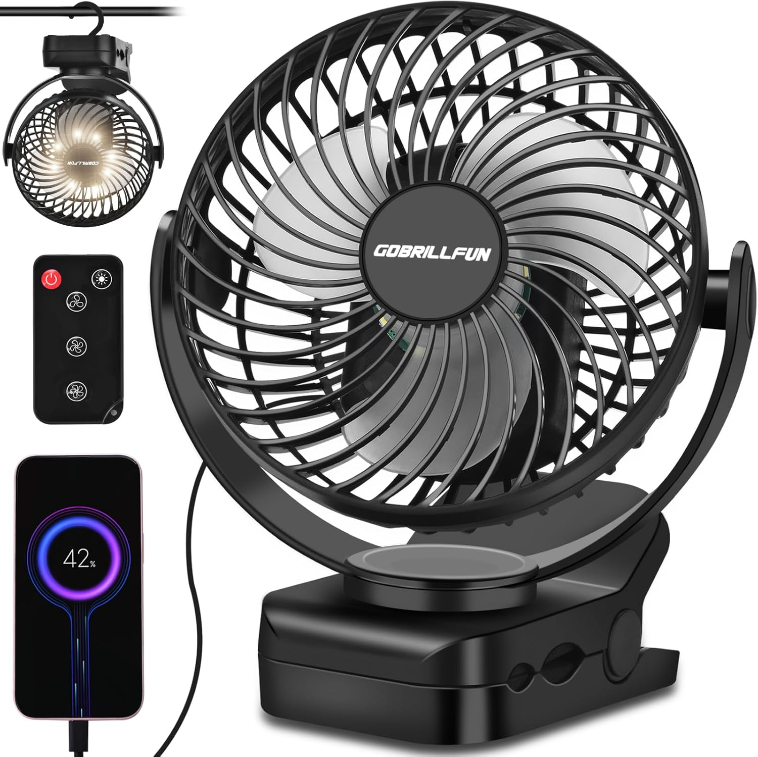 GOBRILLFUN Portable Clip Fan with Remote, 9 LED Lights, 6-Inch Battery Operated USB Rechargeable Fan with 3 Speeds, Power Bank Feature, Personal Cooling for Home, Office, RV, Outdoor Camping