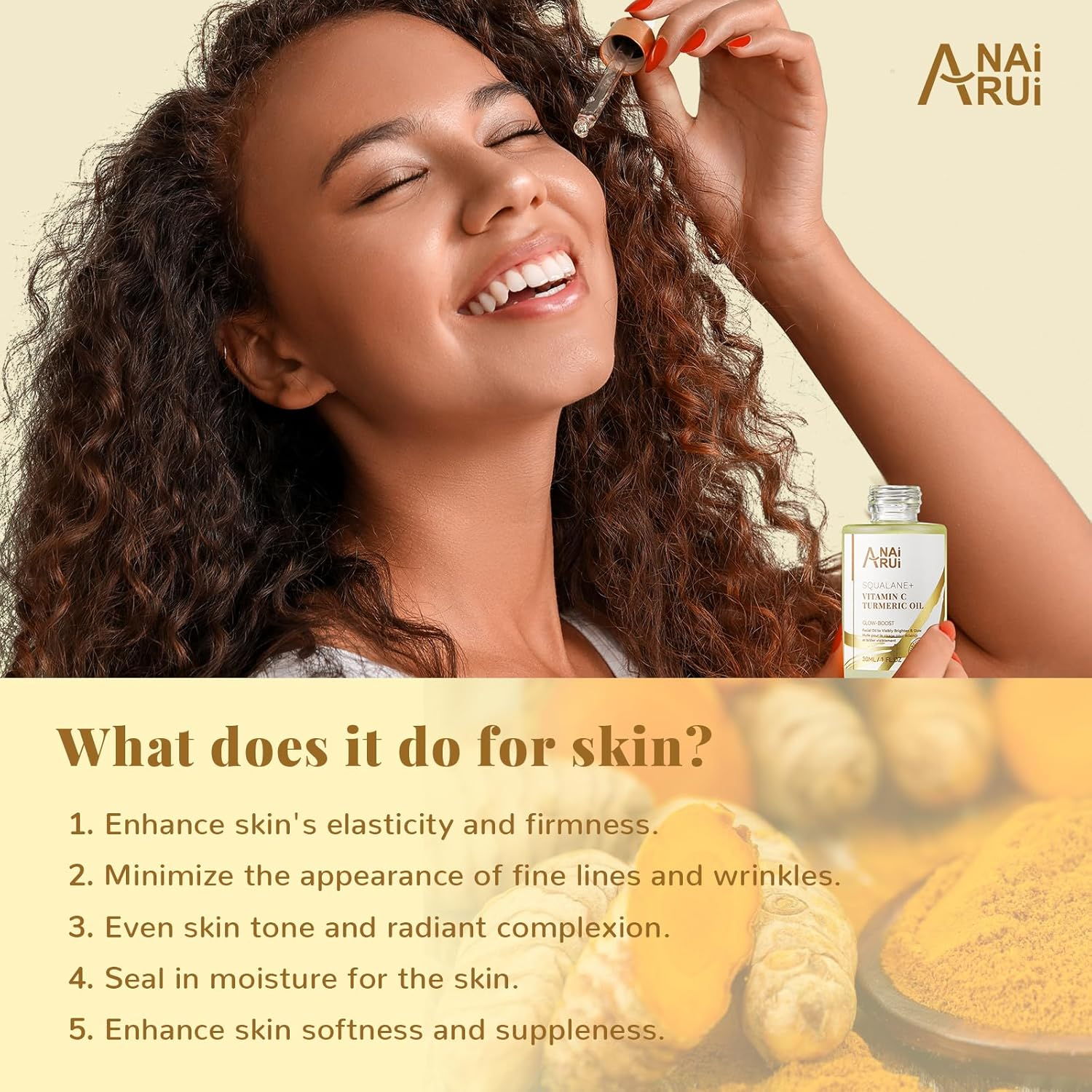 ANAI RUI Squalane Vitamin C Turmeric Facial Oil Moisturizer for Face, Hydrates, Firms Skin, 1.05 Fl.Oz. image number 3