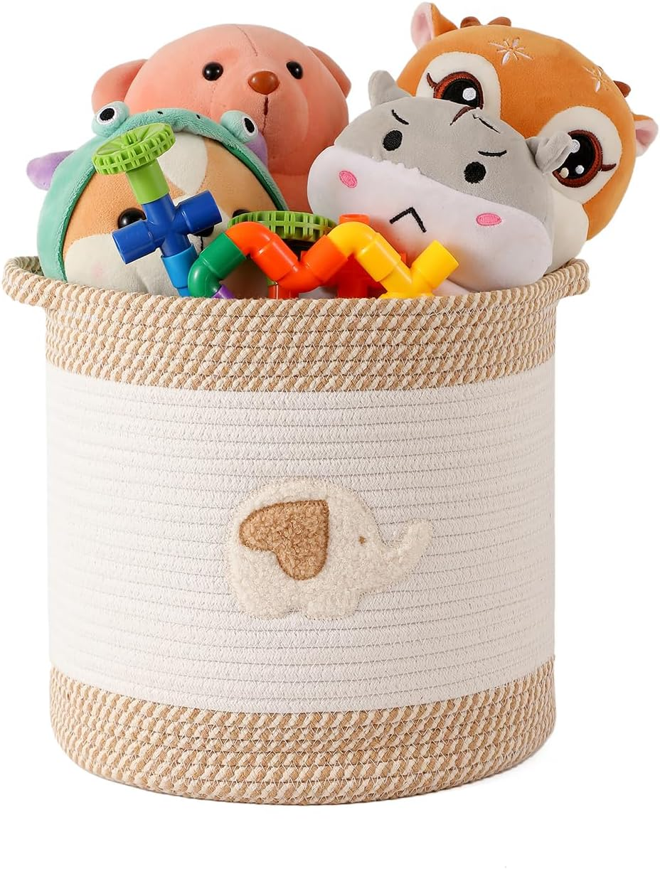 Large Blanket Baskets for Living Room Decor, Toy Storage Baskets Woven Cotton Rope Storage Basket for Kids, Dog Toys Organizer Clothes Hamper with Embroidery Decor for Nurserylaundry (Large, Giraffe)