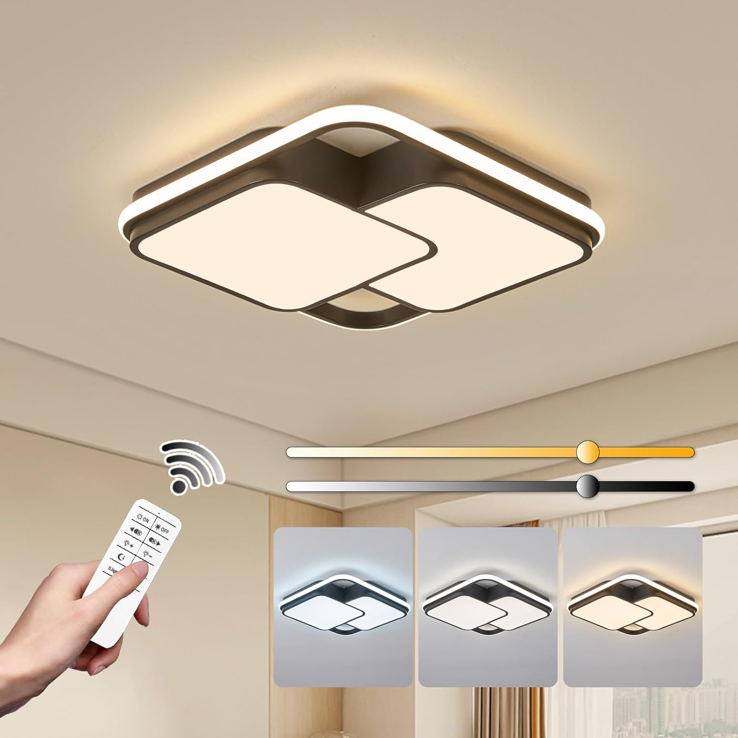 Modern LED Ceiling Light Fixture, Dimmable Black Flush Mount Ceiling Light with Remote, 60W Upgraded Square Bedroom Ceiling Lamp LED Chandelier for Living Room Kitchen Hallway,15.7''