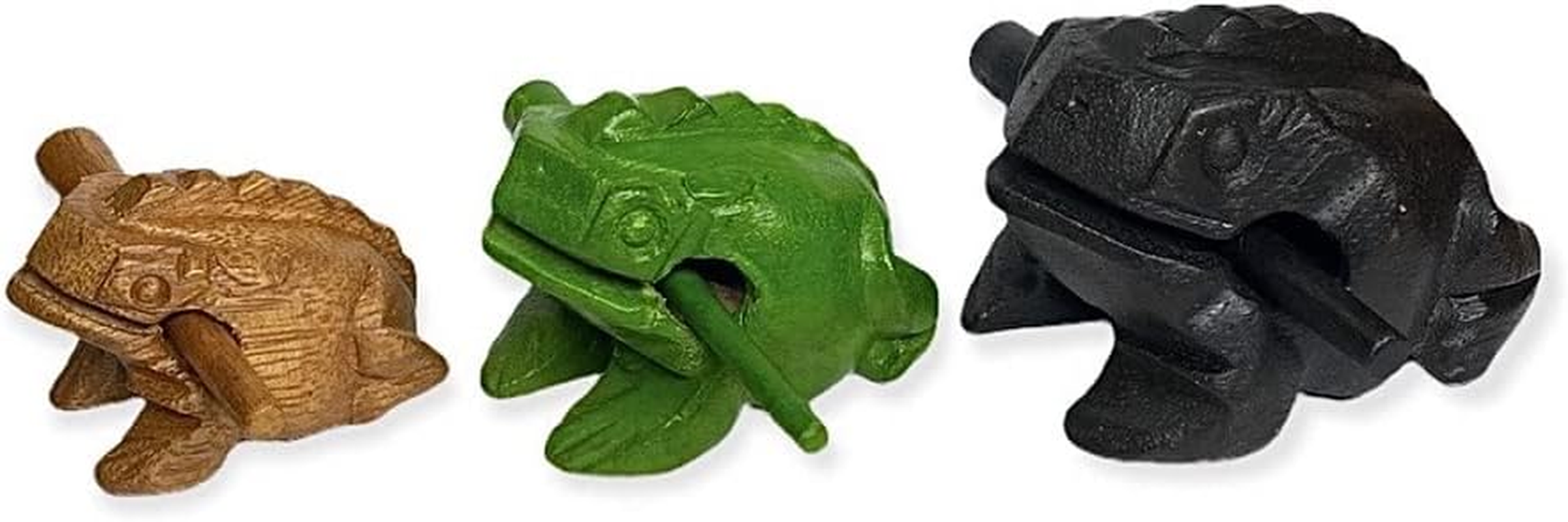 Percussion Instruments Wooden Frog 3 Piece Set - 4 Inch, 3 Inch, 2.75 Inch Musical Instrument (Black/Green/Brown)
