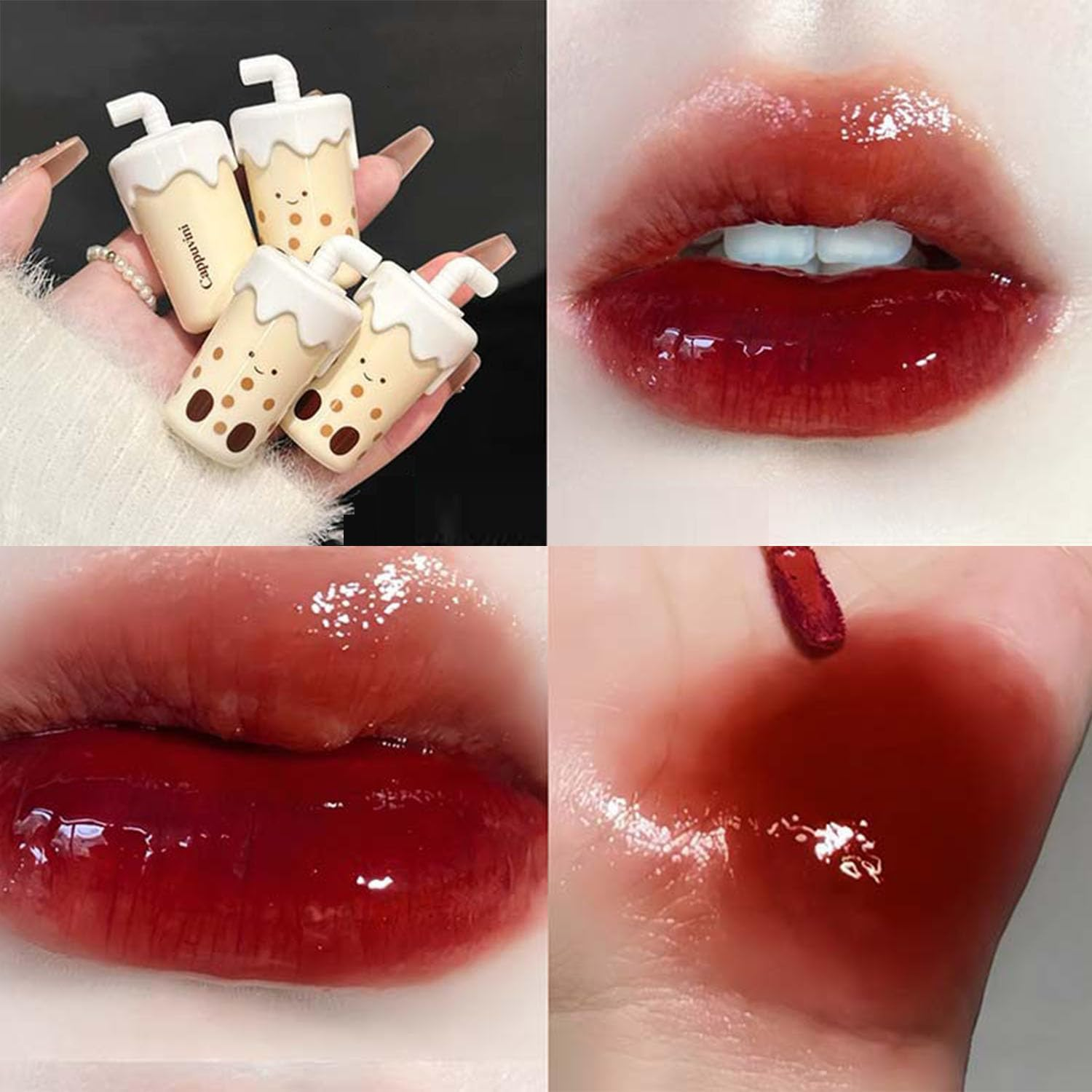 Baorder 4 Colors Hydrating Glossy Lip Gloss Set,Cute Milk Tea Liquid Lipstick Kit,Moisturizing Tinted Lip Balm,Plumping Lip Glaze,High Shine and Mirror image number 4