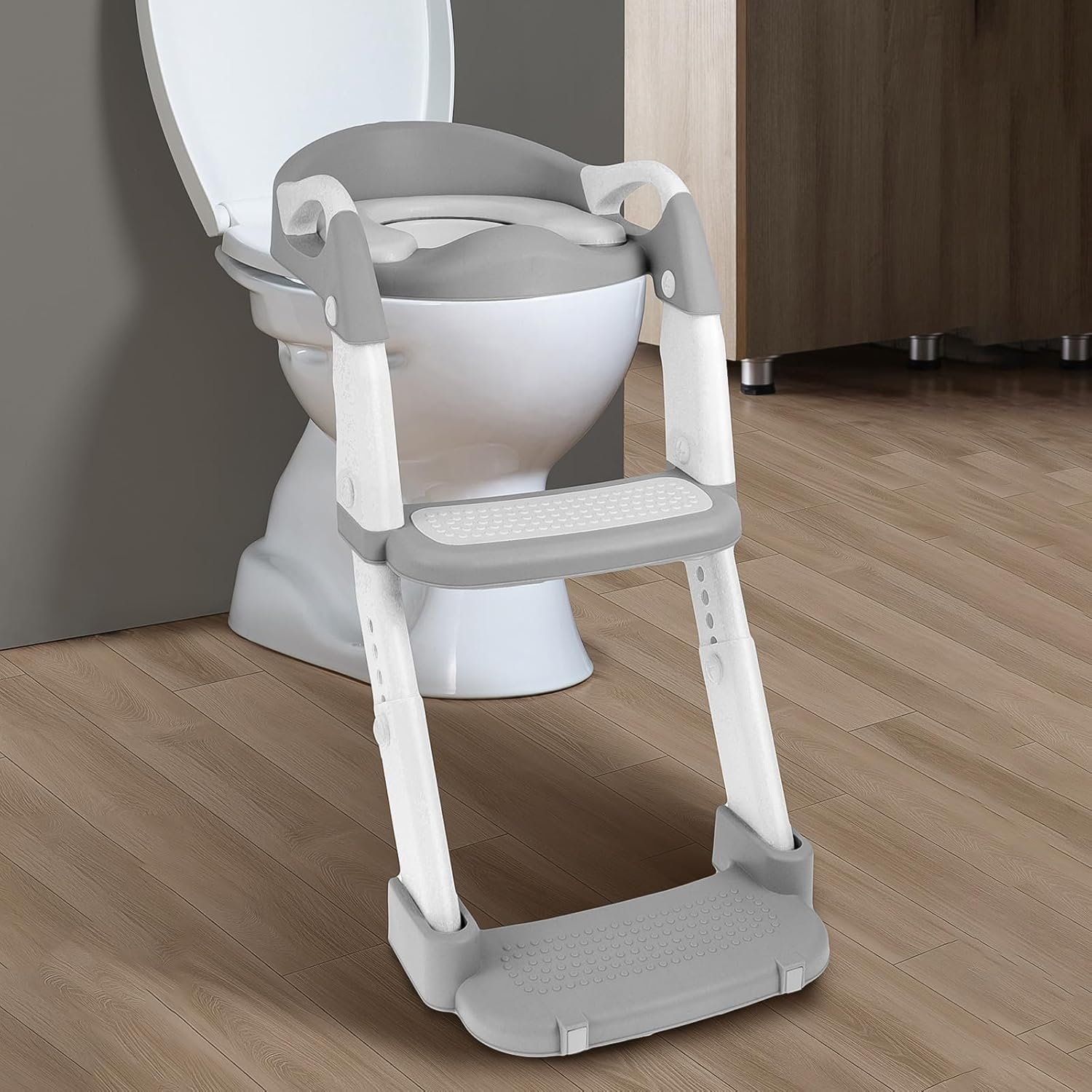 Potty Training Seat with Step Stool Ladder, Height Adjustable Potty Training Toilet with Nonslip Pad Foldable Toddler Toilet Seat for Toddler Kid Boy Girl (Grey) image number 4