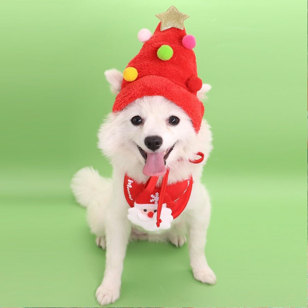 Dog Cat Christmas Day Pet Hat Collar Set, Adjustable Headpiece Hat with Star for Dog Cat Pet Christmas Party Cosplay Supplies (Red) image number 4