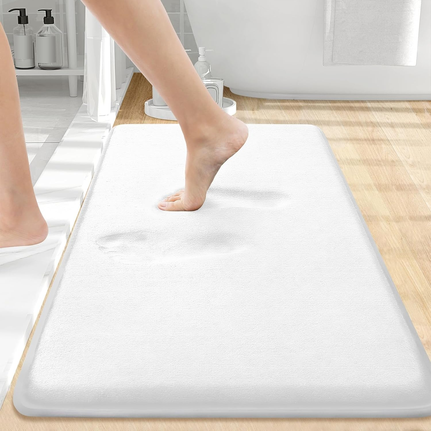 Smiry Memory Foam Bath Mat, Super Soft Absorbent Bathroom Rugs Non Slip Bath Rug Runner for Shower Bathroom Floors, 32" X 20", White image number 2