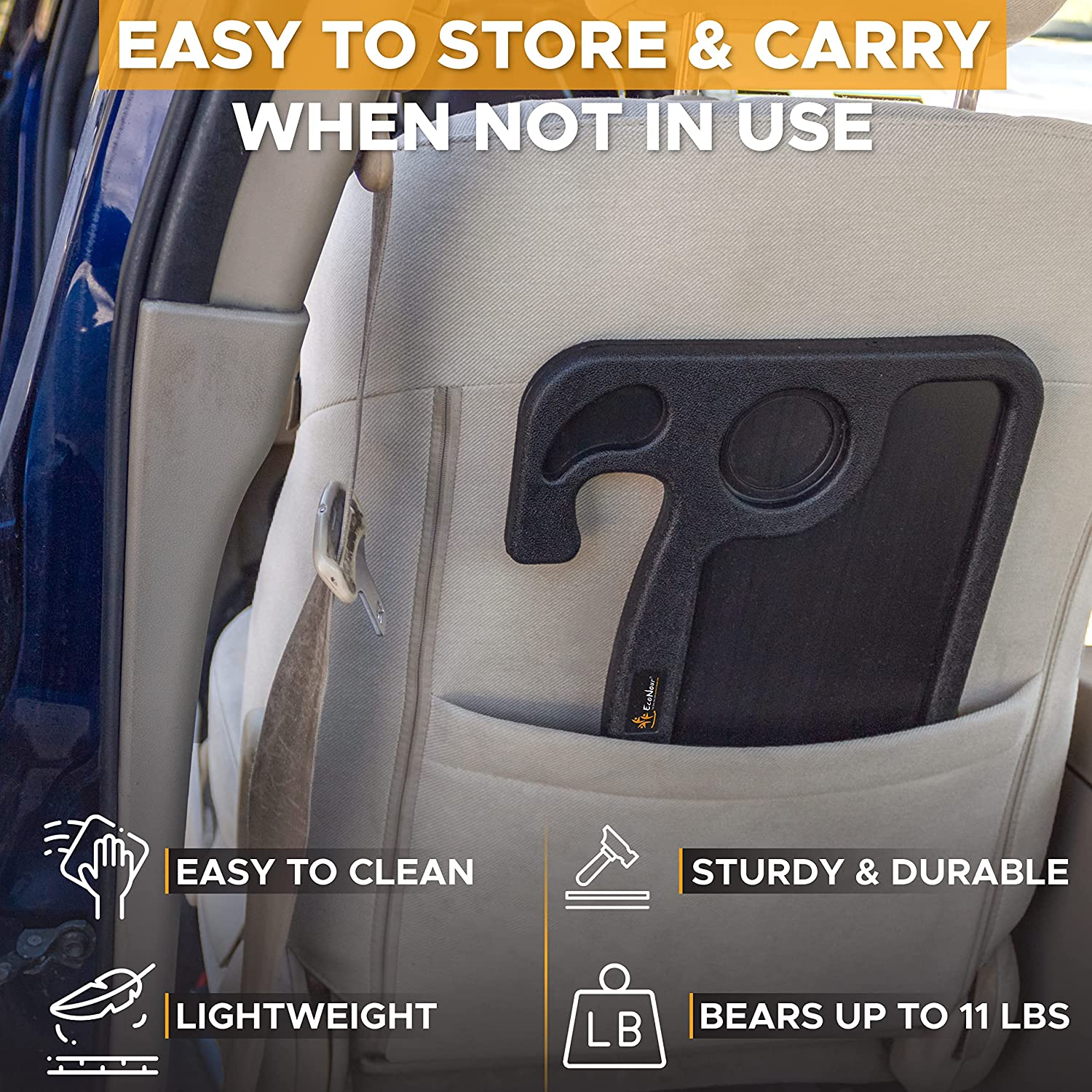 Econour 2 in 1 Steering Wheel Desk | Laptop Mount with Pen Holder | Food Tray for Eating with Drinks Holder | Multipurpose Travel Car Accessories - Black image number 4