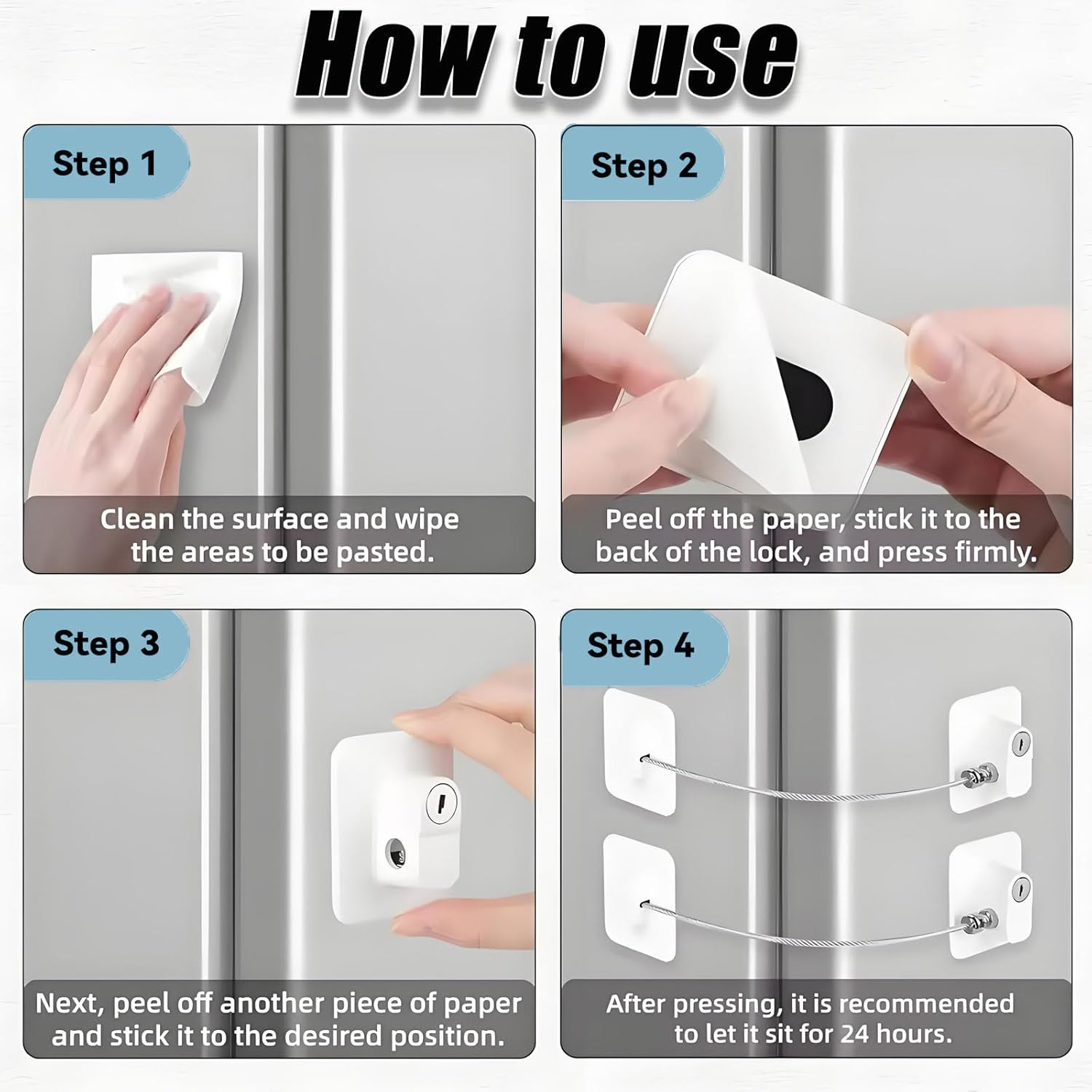 4Pack Refrigerator Locks with Keys,Self Adhesive Baby Proofing Fridge Latch Stainless Steel Zinc Alloy Strong Adhesive Lock for Refrigerators Freezers Dryers Washers Cabinets Drawers Windows image number 5