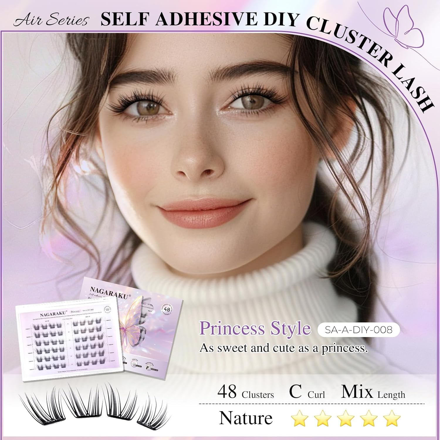 NAGARAKU Pre Glued Cluster Lashes Air Series Eyelashes Princess Style 48 Pcs No Glue Needed Pre-Bond Eyelashes Self Adhesive DIY Lashes（0.07Mm C Curl Mix Length) image number 4