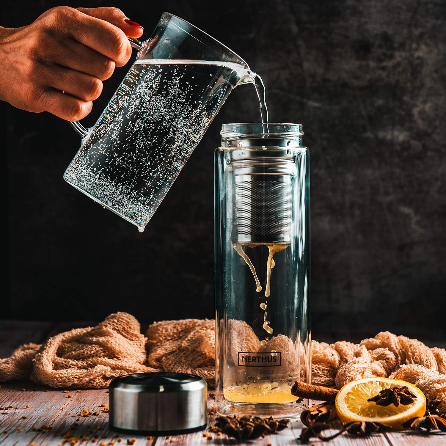 Nerthus FIH 664 Filter 350 ML, Insulated with Double Wall, Infuser Bottle, Flask, Travel Mug, Teapot, 0.35 L, Glass - Transparent image number 5