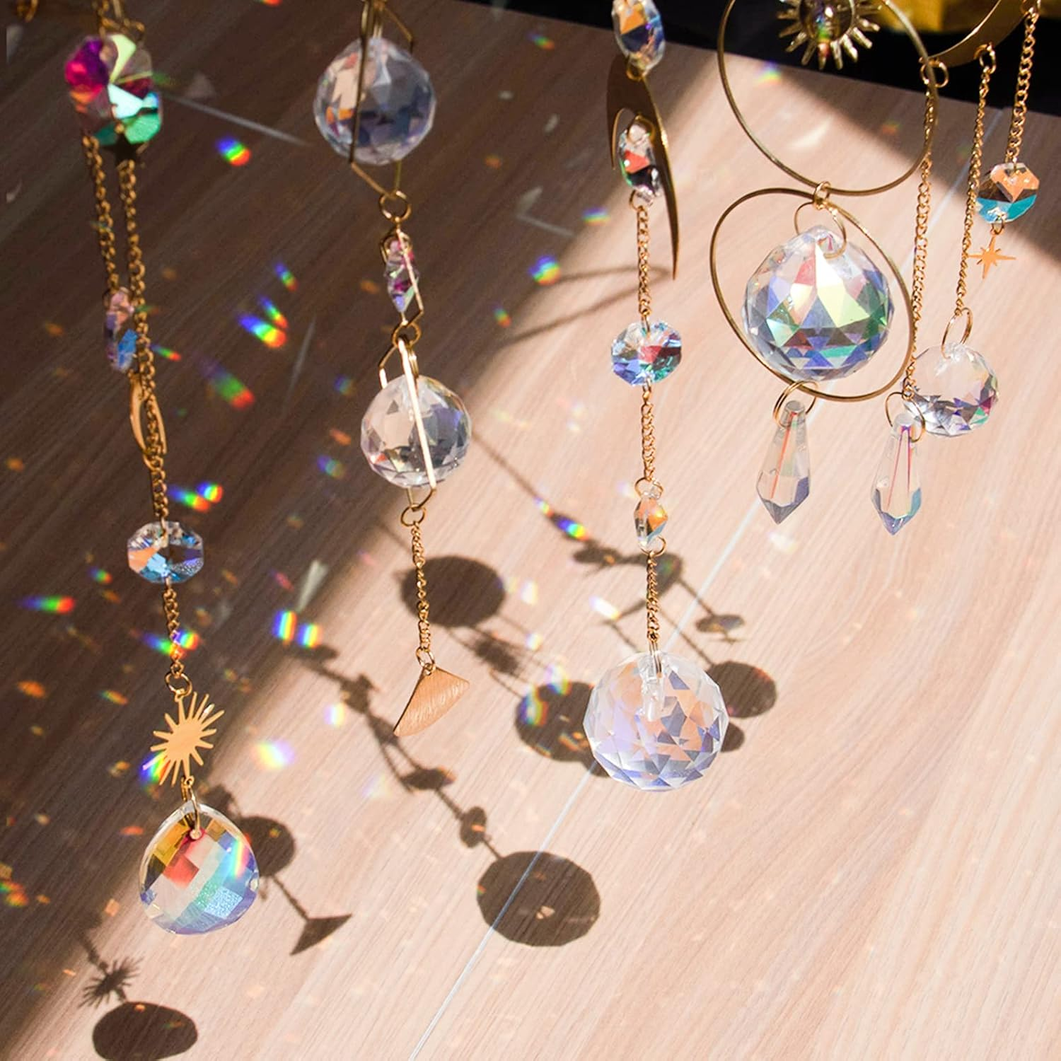 Nuyikaso 5Pcs Suncatcher Crystal Hanging Wind Chimes Rainbow Sun Moon Pendant Sun Catcher Balls for Window Home Garden Christmas Day Party Wedding Decor Gold image number 5