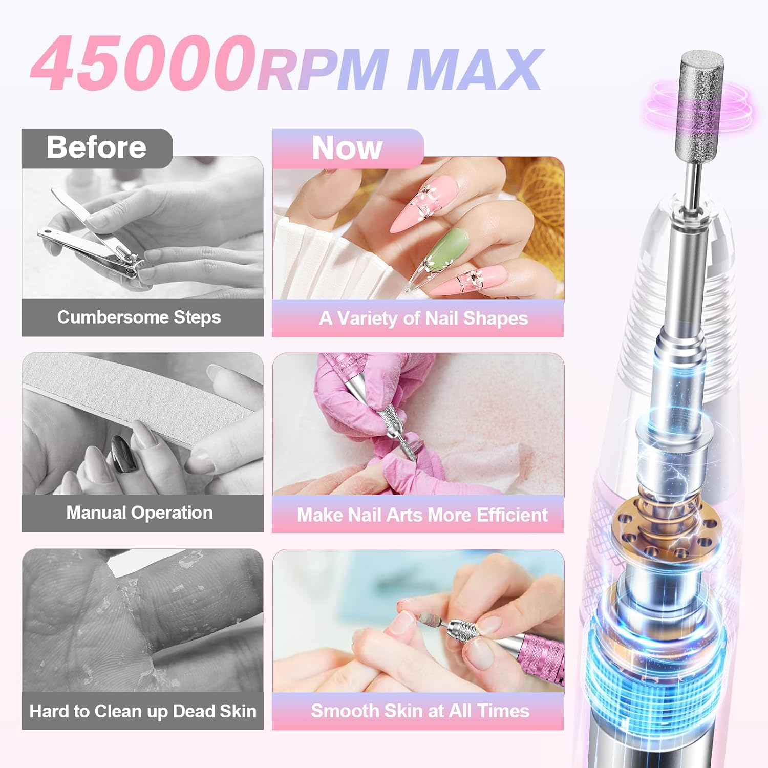 Beloving Portable Nail Drill Professional, 45000RPM Rechargeable Nail Drill Electric File Machine for Acrylic Gel Polish Remover, Cordless Nail Kit for Manicure Pedicure with 11 Bits for Salon Home image number 4