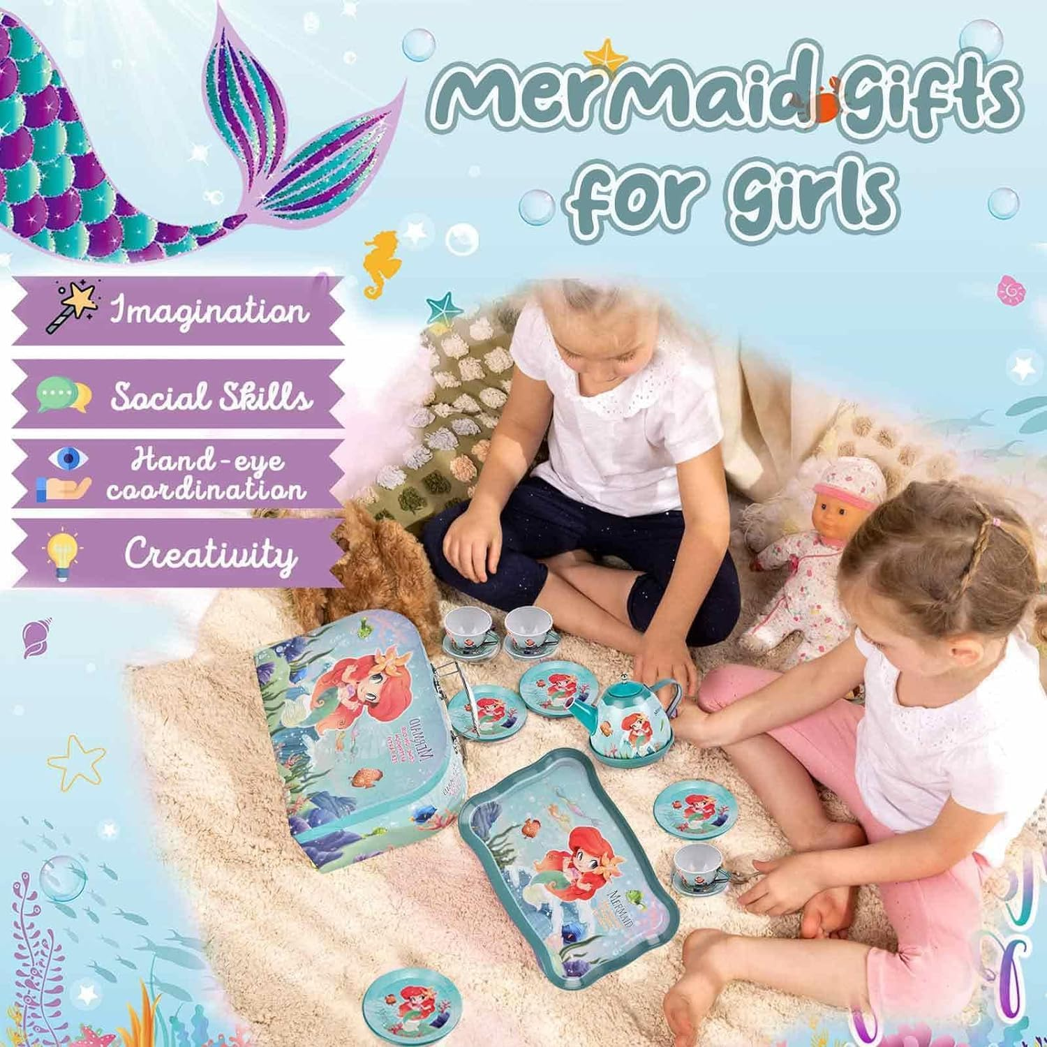 Mermaid Tea Party Set for Little Girls, Kids Party Set Toys for 3-6 Year Olds, Pretend Toy Tin Tea Set & Carrying Case, Princess Tea Time Kitchen Play Toys, Birthday Gifts image number 4