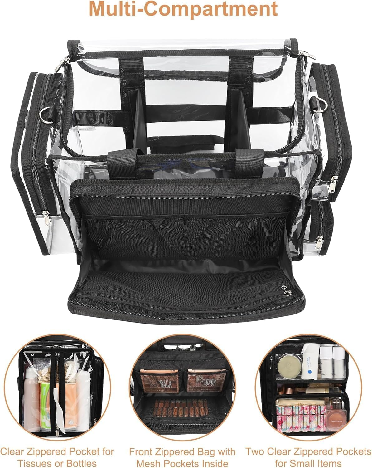 Relavel Clear Makeup Bag Extra Large Makeup Artist Set Bag, Cosmetic Storage Organizer Hair Stylist Travelling Bag, Transparent Tote Duffle Beach Toiletry Bag with Adjustable Dividers image number 3