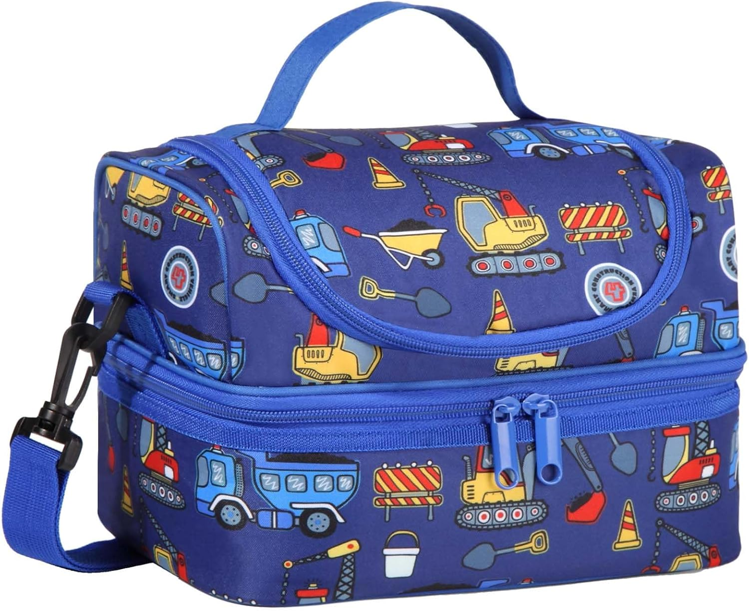 KASQO Lunch Box Bag for Kids, Insulated Lunch Bag Two Compartments Toddler Cooler Bag Lunch Tote Bag with Detachable Shoulders Strap for School Picnic， Blue Car