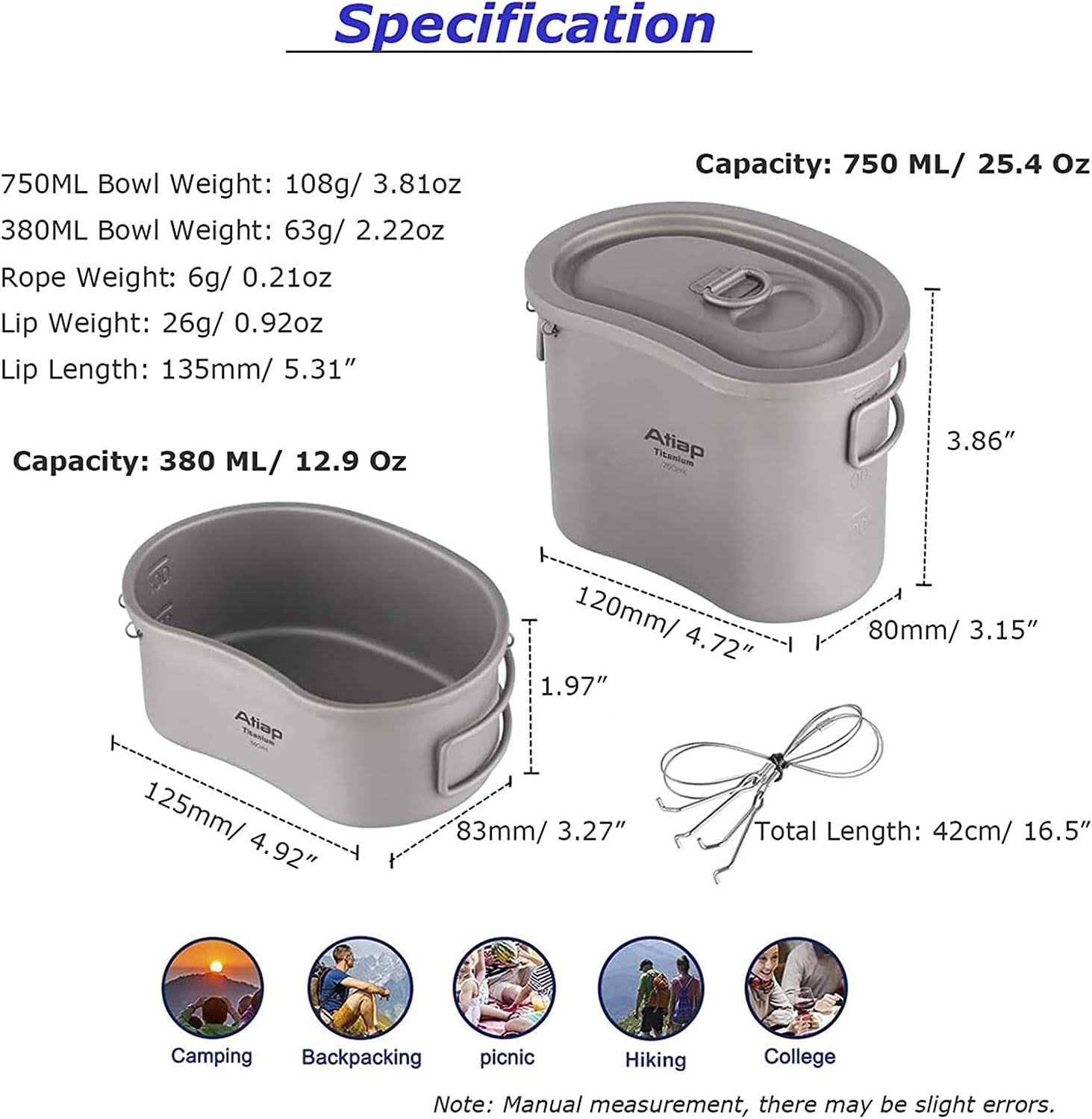Titanium Canteen Mess Kit Lunch with Foldable Handle Hanging Ring Portable for Outdoor Camping Hiking