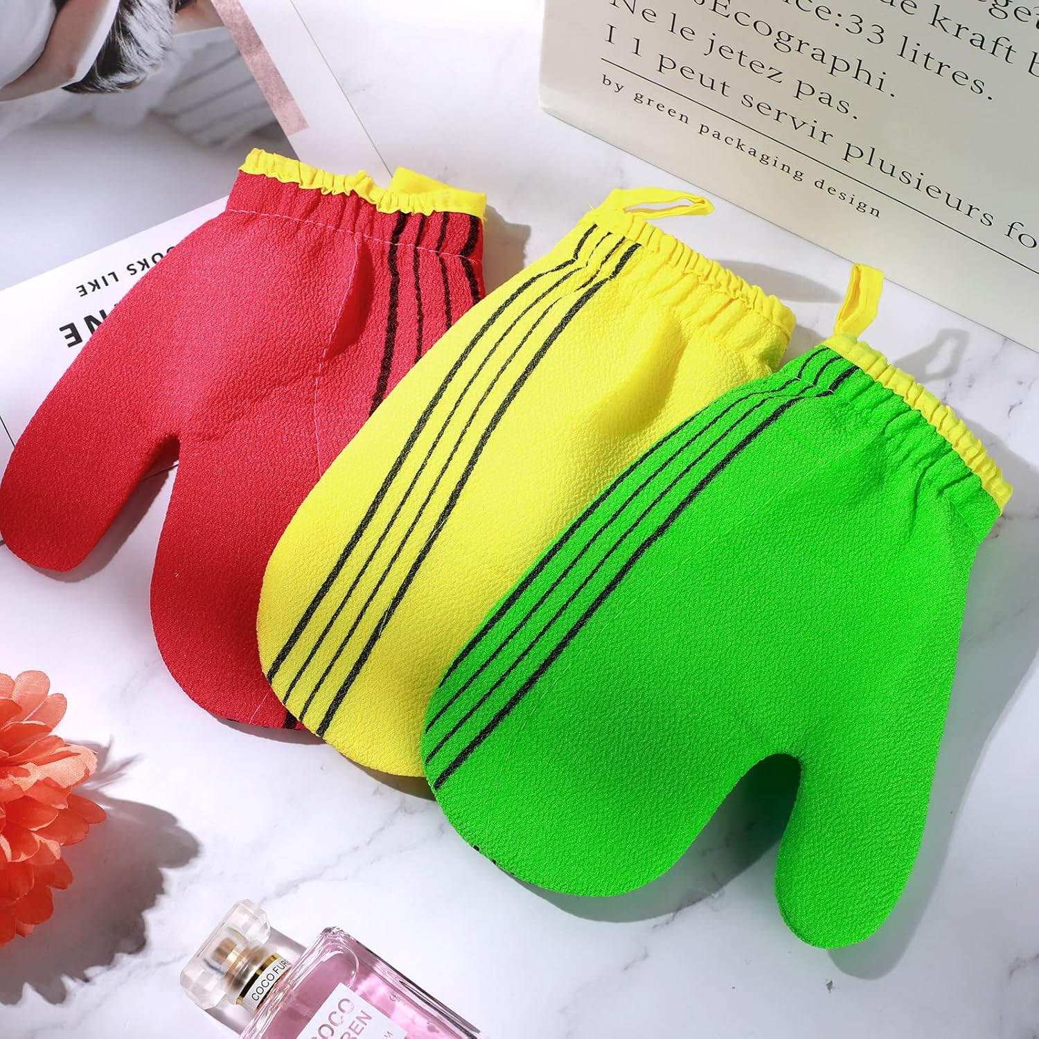 Exfoliating Washcloth 3 Pieces Korean Exfoliating Mitt Gloves Body Exfoliating Glove Face Shower Scrub Cloth Korean Body Scrub Mitt for Bath Wash Skin Deep Cleaning and Exfoliation, Red, Green, Yellow image number 6