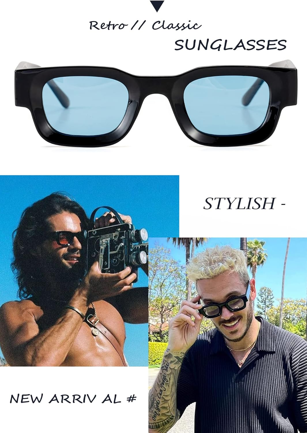 Teumire Retro Rectangle Polarized Sunglasses for Small Face Women Men Chunky Square Thick Frame Glasses UV400 Protection - A02 Black/Clear Yellow image number 5